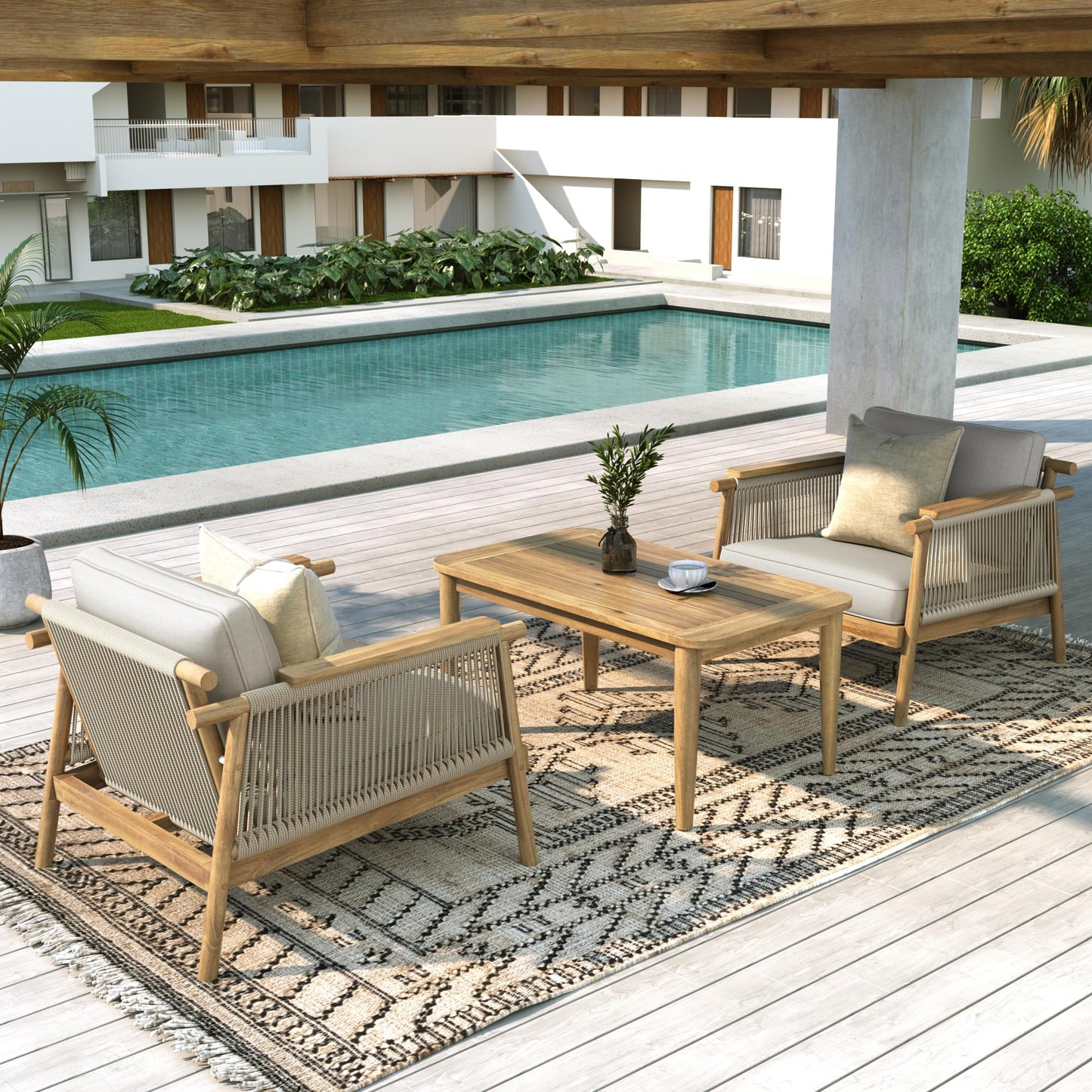 Merax Outdoor Acacia Wood Lounge Chair w/Cushions Set of 2, Patio Club Chair with Rope & Sturdy Wood Legs, All-Wearther Singe Sofa Chair for Porch, Lawn, Backyard, Balcony, Teak+ Beige