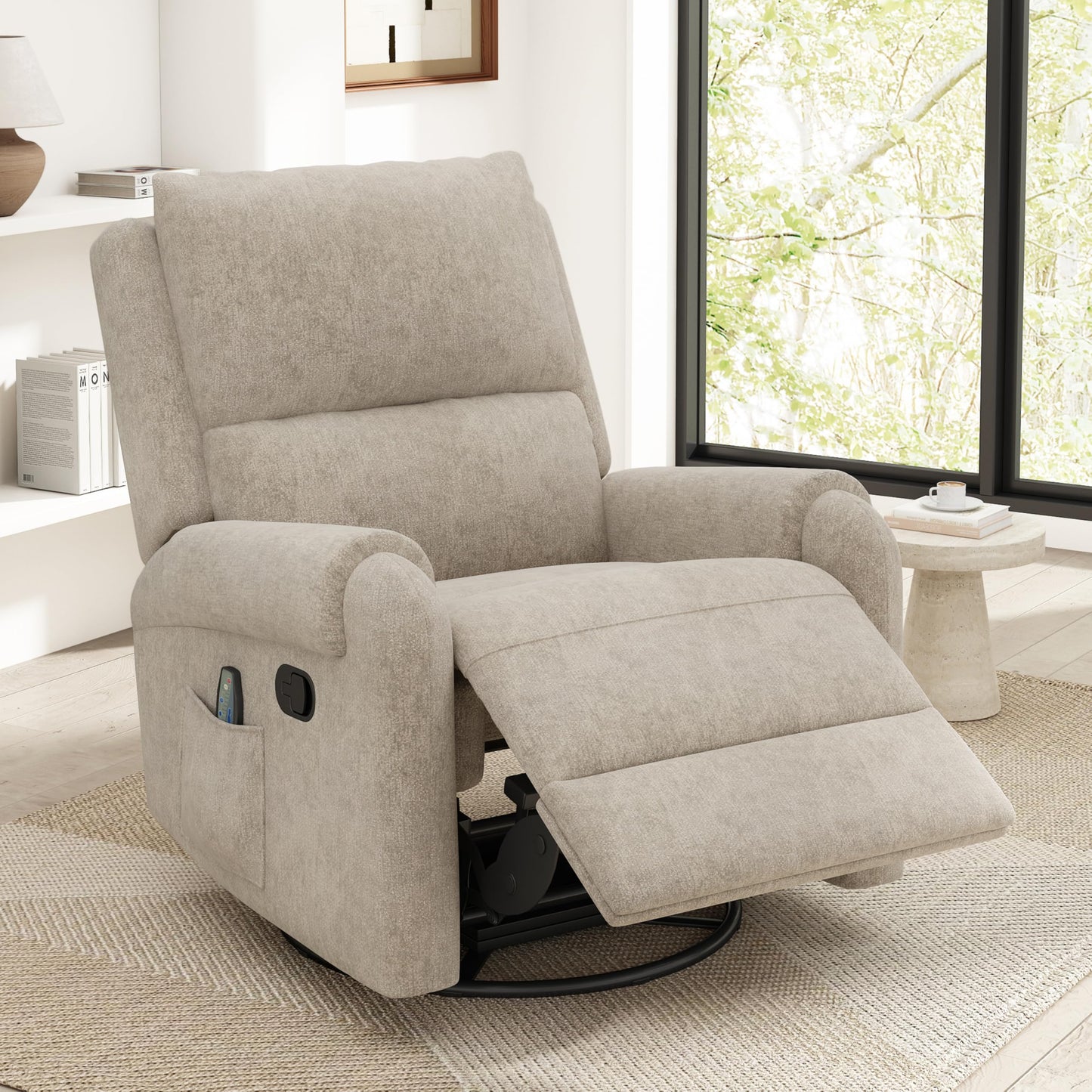 Christopher Knight Home Harper Massage Recliner Chair with 8 Modes, Chenille Upholstered Recliner Sofa, Swivel Massage Chair with a Side Storage Pocket for Living Room/Bedroom,Head Support,Light Brown