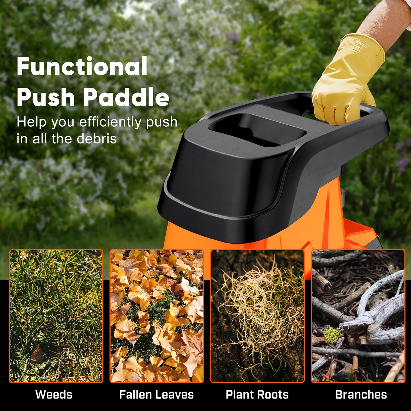 50L Collecting Bin, 15-Amp Wood Chipper Shredder, High Efficiency Electric Mulcher Shredding Machine with 25:1 Reduction Ratio, 1.8In Cutting Diameter, Portable Wheels for Yard Cleanup, New Orange
