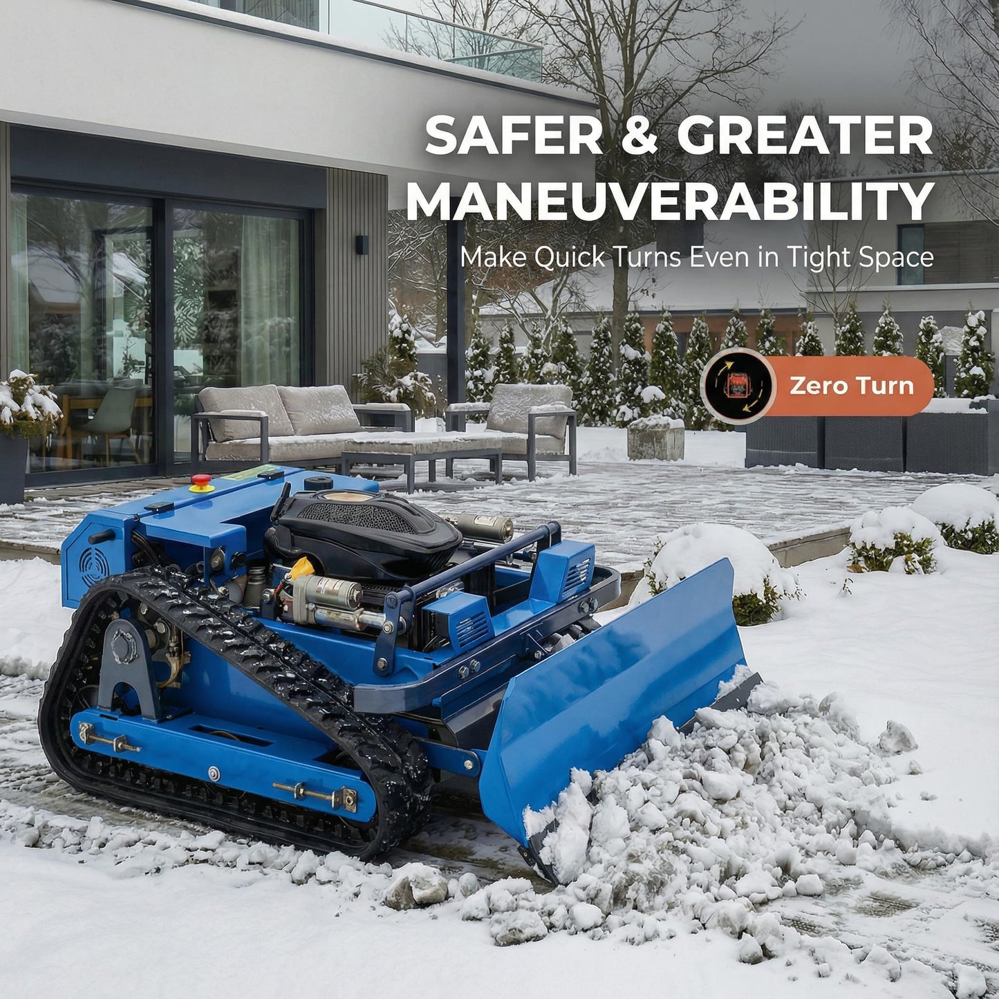 Remote Control Lawn Mower with Snow Plow Attachment–700m Range, Hybrid Gas-Electric Power, Track Design, All-Terrain, Adjustable Cutting Height (0.79-5.9 inches)