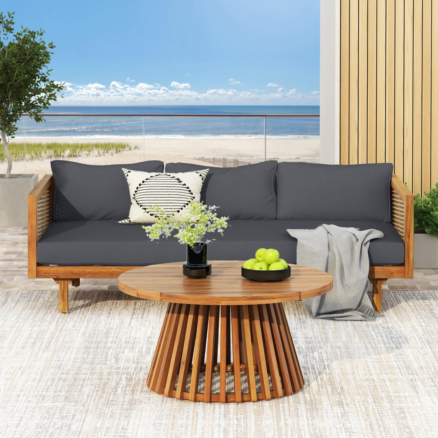 Christopher Knight Home Claremont Patio Sofa and Coffee Table Set, 2 Piece Wicker Patio Furniture Set, Acacia Wood 3 Seater Outdoor Sofa Daybed and Coffee Table Set, Teak+Dark Grey