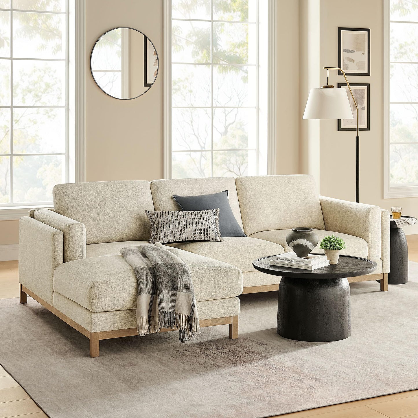 Modway Roscoe Left-Facing Sectional Sofa with Chaise in Ivory - 2-Piece Mélange Chenille Fabric Deep Seat Couch, L Shaped Modular for Living Room or Lounge