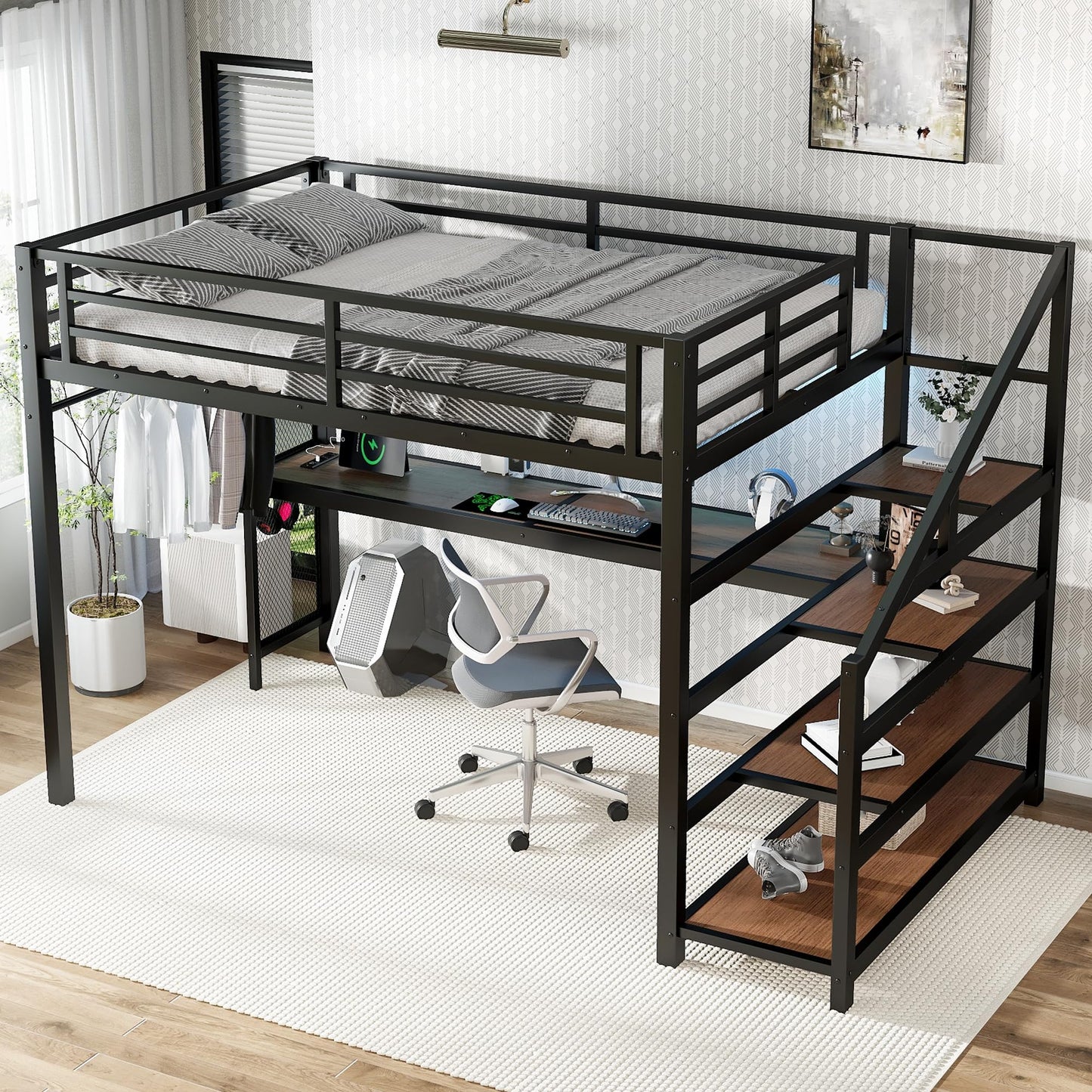 Bellemave Metal Full Size Loft Bed with Desk and Storage Stairs,Heavy Duty Loft Bed Frame Full Size with LED Lights and Charging Station for Kids,Teens,Adults,Black
