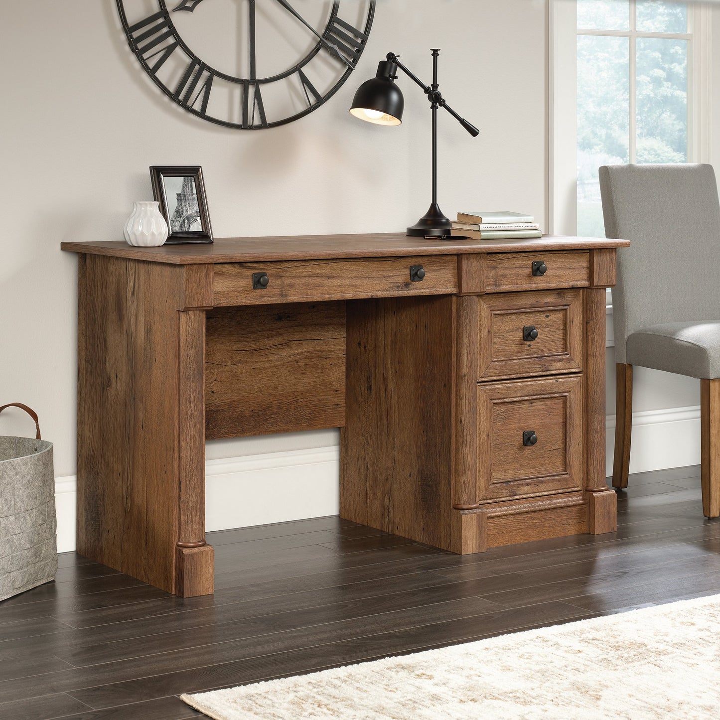 Sauder Palladia Computer Desk with Drawers, Home Office Desk with File Cabinet Storage Drawer, Cable Management, Keyboard Tray, in Vintage Oak finish