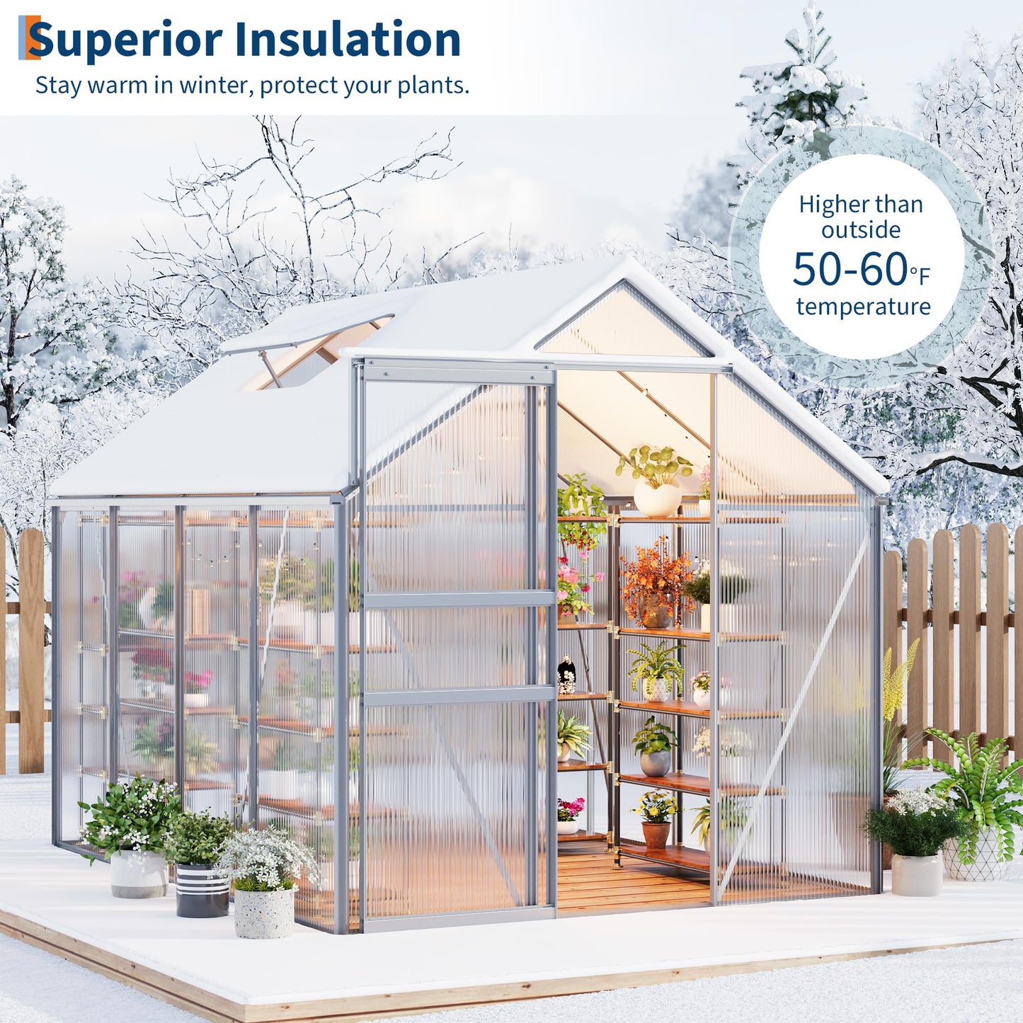 GarveeHome 6x8FT Greenhouse, Large Walk-in Polycarbonate Greenhouse with Adjustable Vent Window, Sliding Door, Portable Green House Kit for Outdoors, Winter