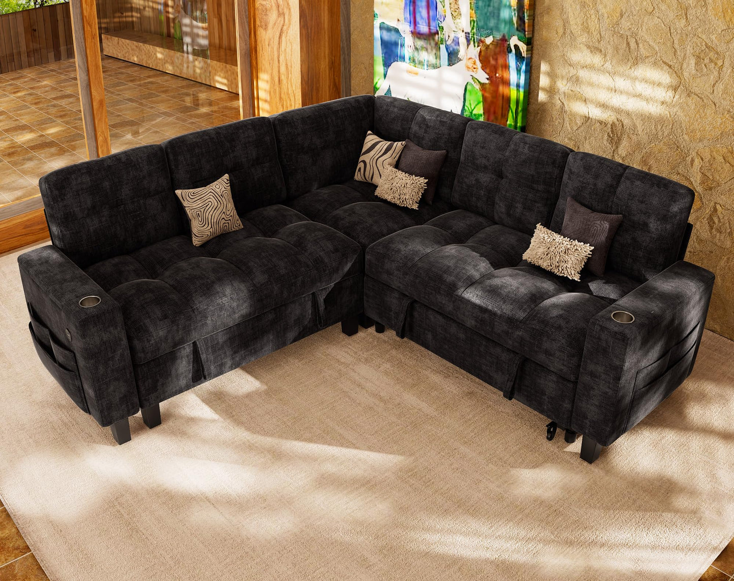 Marsail 85" Sectional Sleeper Sofa with Pull Out Bed, 5 Seat Modular Sectional Sofa with Storage, USB Ports & Cup Holders, Sectional Couches for Living Room, Modern Chenille Cloud Couch, Dark Gray