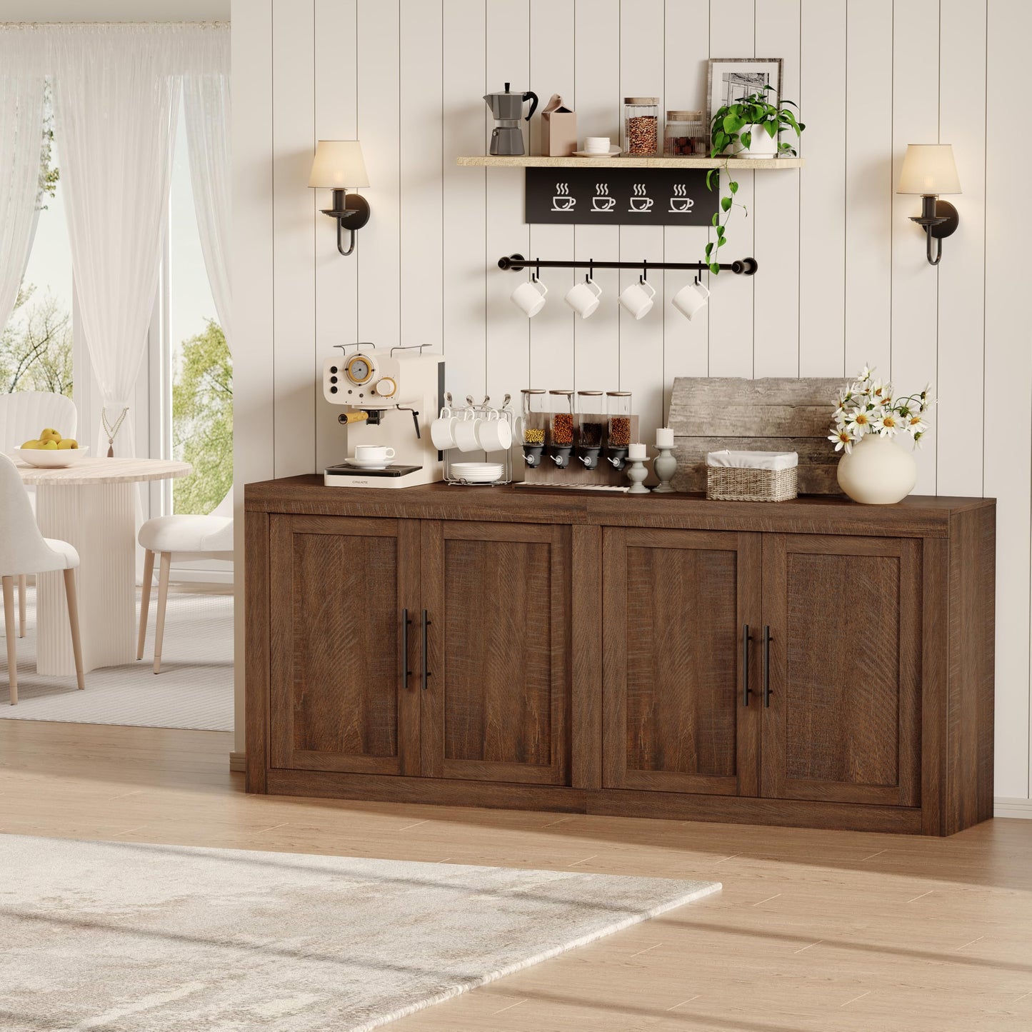 GarveeHome 70.8 in Sideboard Buffet Cabinet with Storage, Mid Century Modern Accent Cabinet with 4 Doors, Wood Coffee Bar Media Console Credenza for Living Room, Kitchen, Hallway, Brown