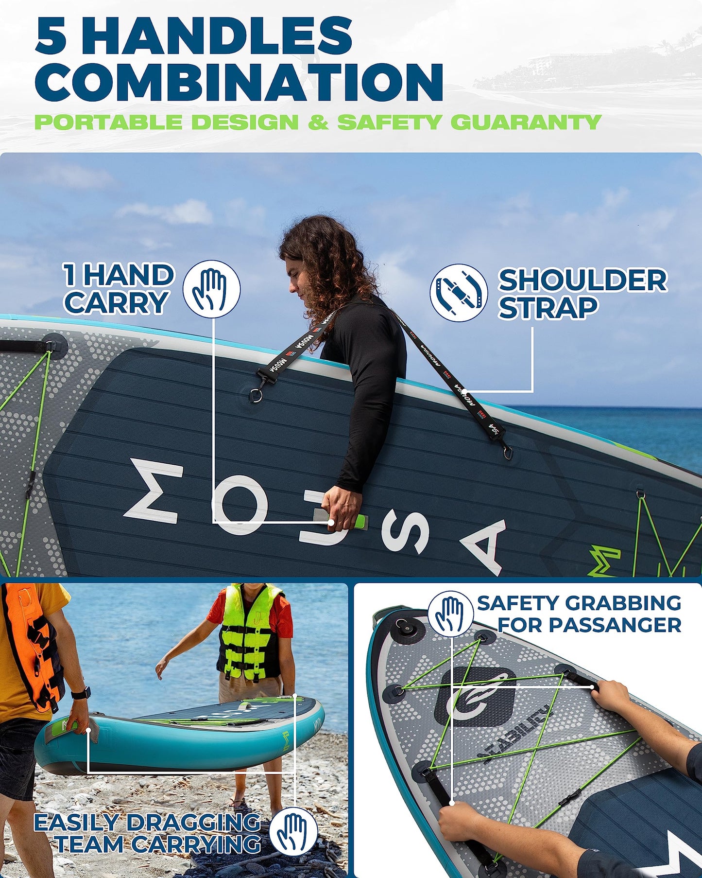 MOUSA 11'6''×34" Extra Wide Inflatable Stand Up Paddle Board, Stable Long SUP for 2 People/Family, Shoulder Strap, 5 Handles, 100L Backpack, All-Round Sup Board, 3 Removeable Fin