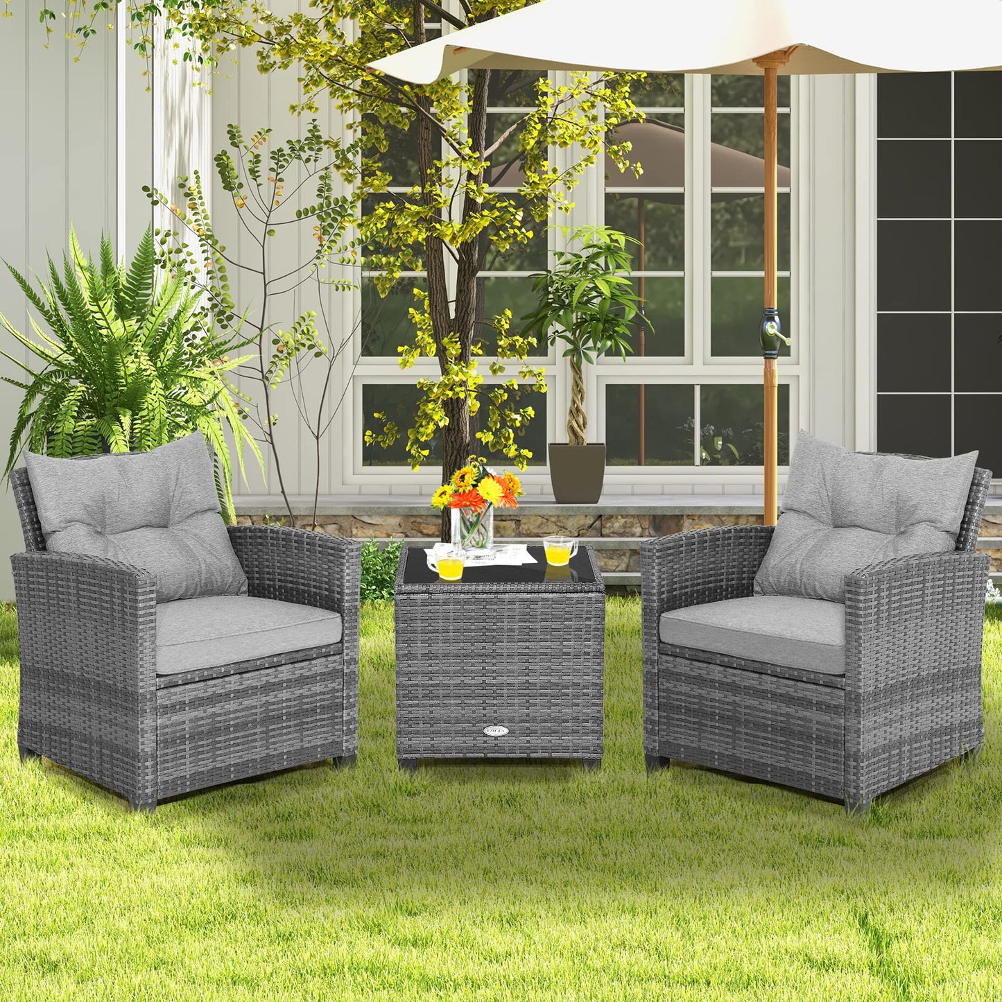 COSTWAY 3-Piece Patio Furniture Set, Outdoor Wicker Rattan Sofa with Cushions, Coffee Table with Tempered Glass, Conversation Sofa Set for Poolside Backyard Balcony (Grey)