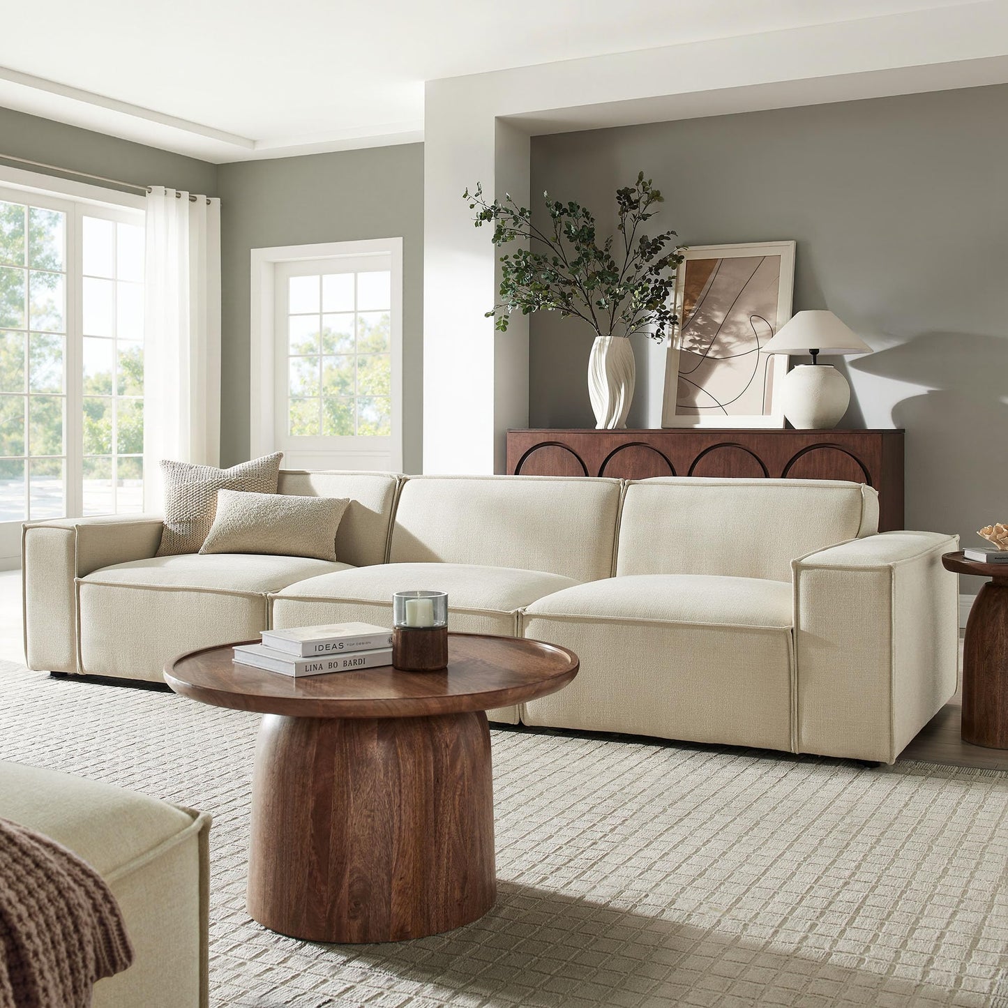 Modway Restore Performance Fabric Upholstered 3-Piece Modular Sofa Set in Ecru - Low Profile Sectional Sofa with Coil Seat Support and French Piping