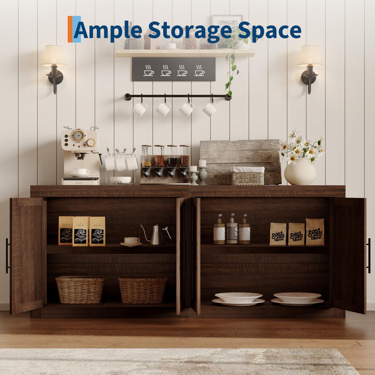 GarveeHome 70.8 in Sideboard Buffet Cabinet with Storage, Mid Century Modern Accent Cabinet with 4 Doors, Wood Coffee Bar Media Console Credenza for Living Room, Kitchen, Hallway, Brown