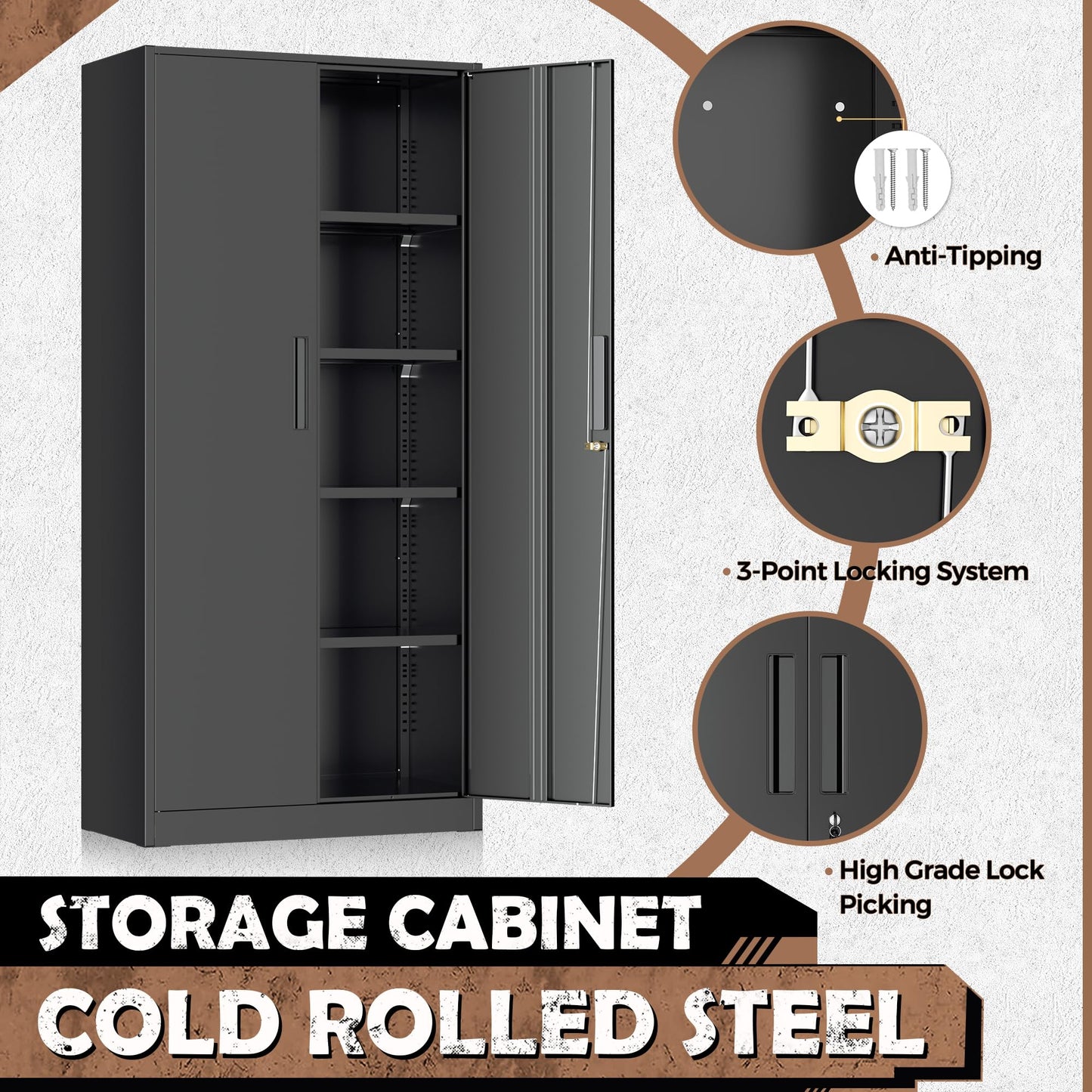 INTERGREAT Metal Storage Cabinet, 72” H Storage Cabinet with 2 Doors and 4 Adjustable Shelves for Office, Home, Garage, Pantry (Assembly Required, Black)