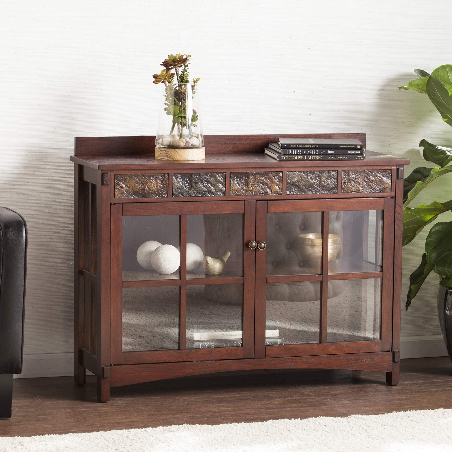 SEI Furniture - Camino Mission Faux Slate Sideboard And Display Curio - Transitional Design, Brown Finish - Ideal for Living Room, Dining Room (CM2900)