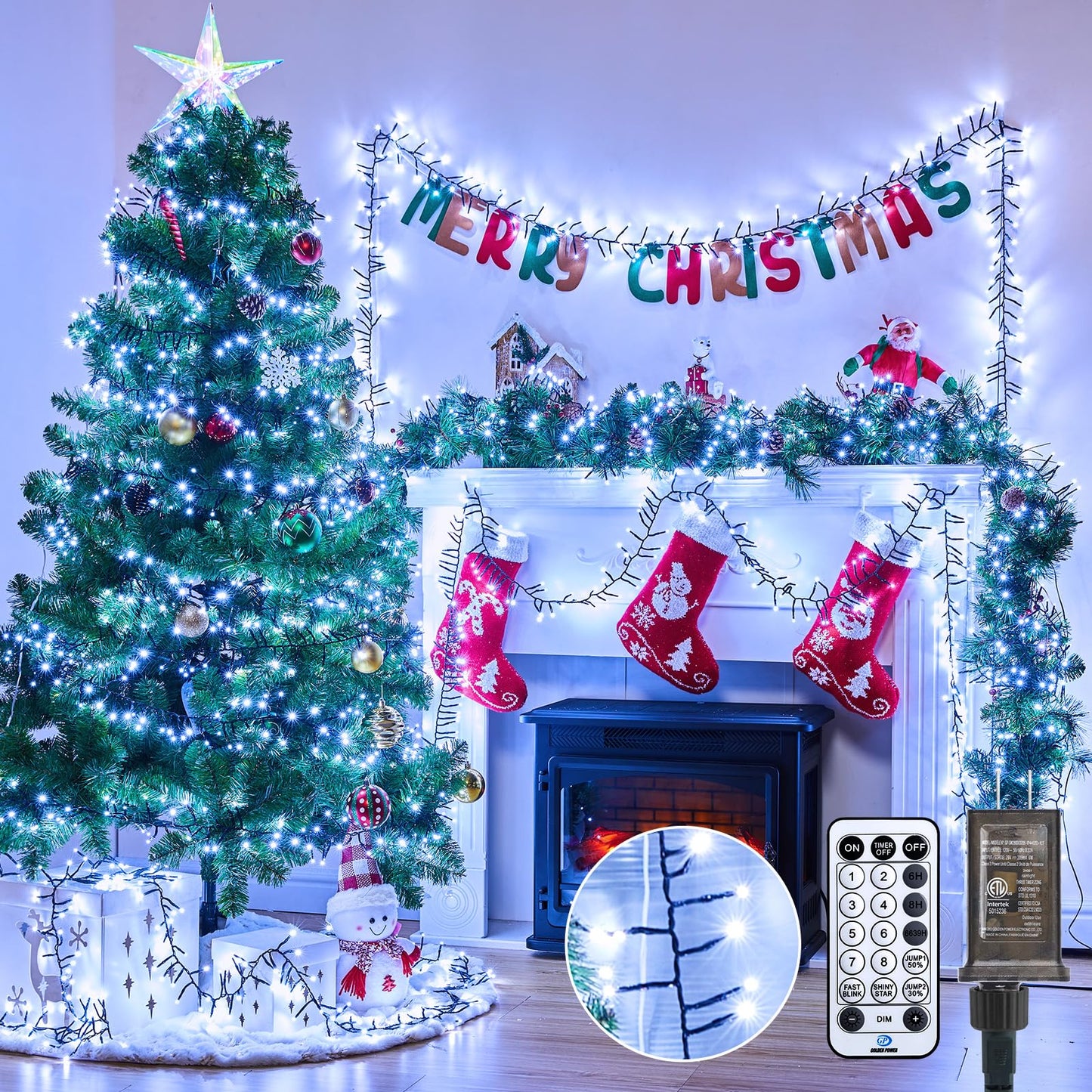 Minetom 50 Ft 1000 LED Cluster Lights, Cool White, Waterproof, 12 Modes, Remote, Christmas Tree String Lights