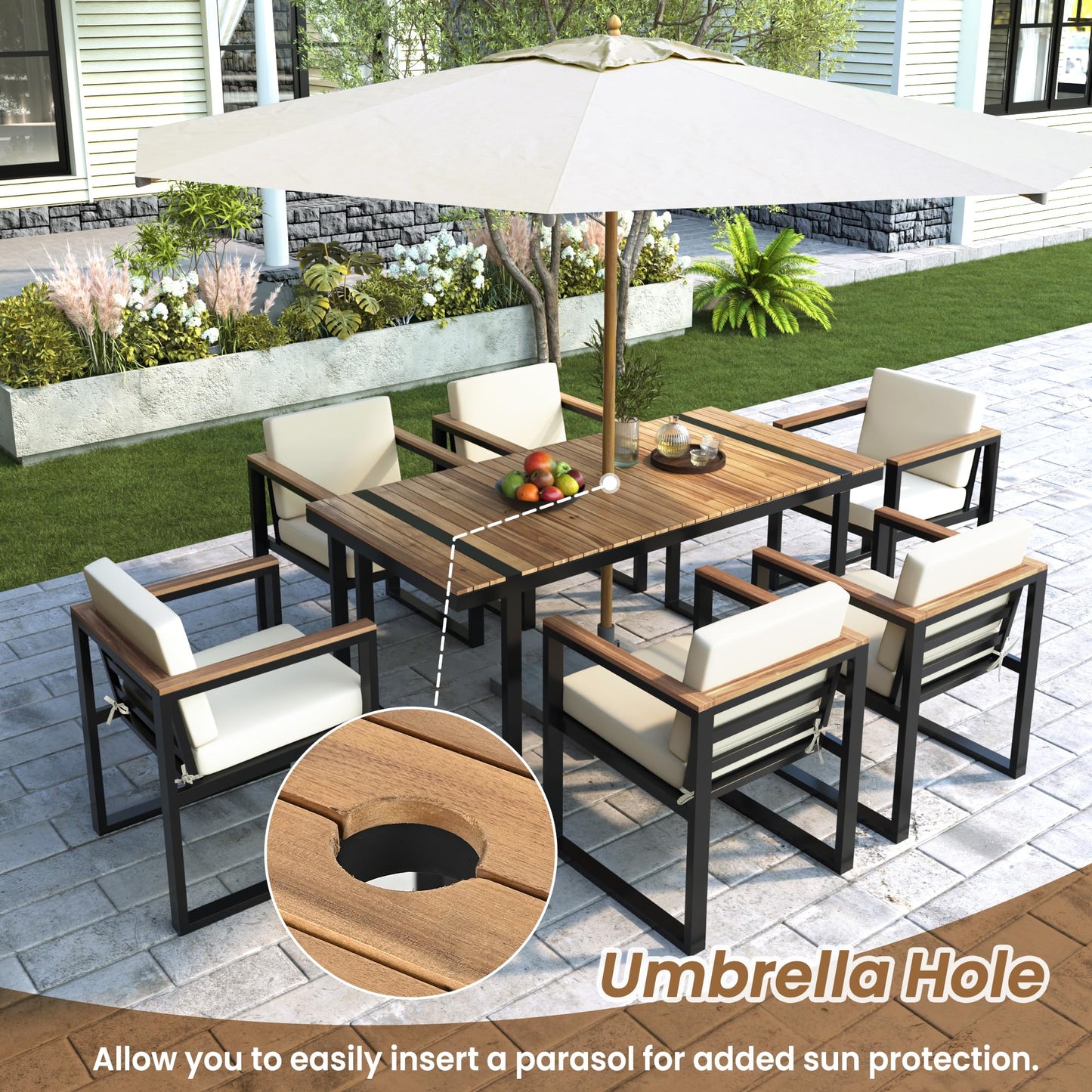 Outdoor Patio Sofa Set 4-Piece with Cushions, Woven Rope Design Seating, Acacia Wood & Steel Frame, Water-Resistant Fabric, 3-Seat Couch, Chairs & Dual-Layer Coffee Table for Garden Balcony, Beige