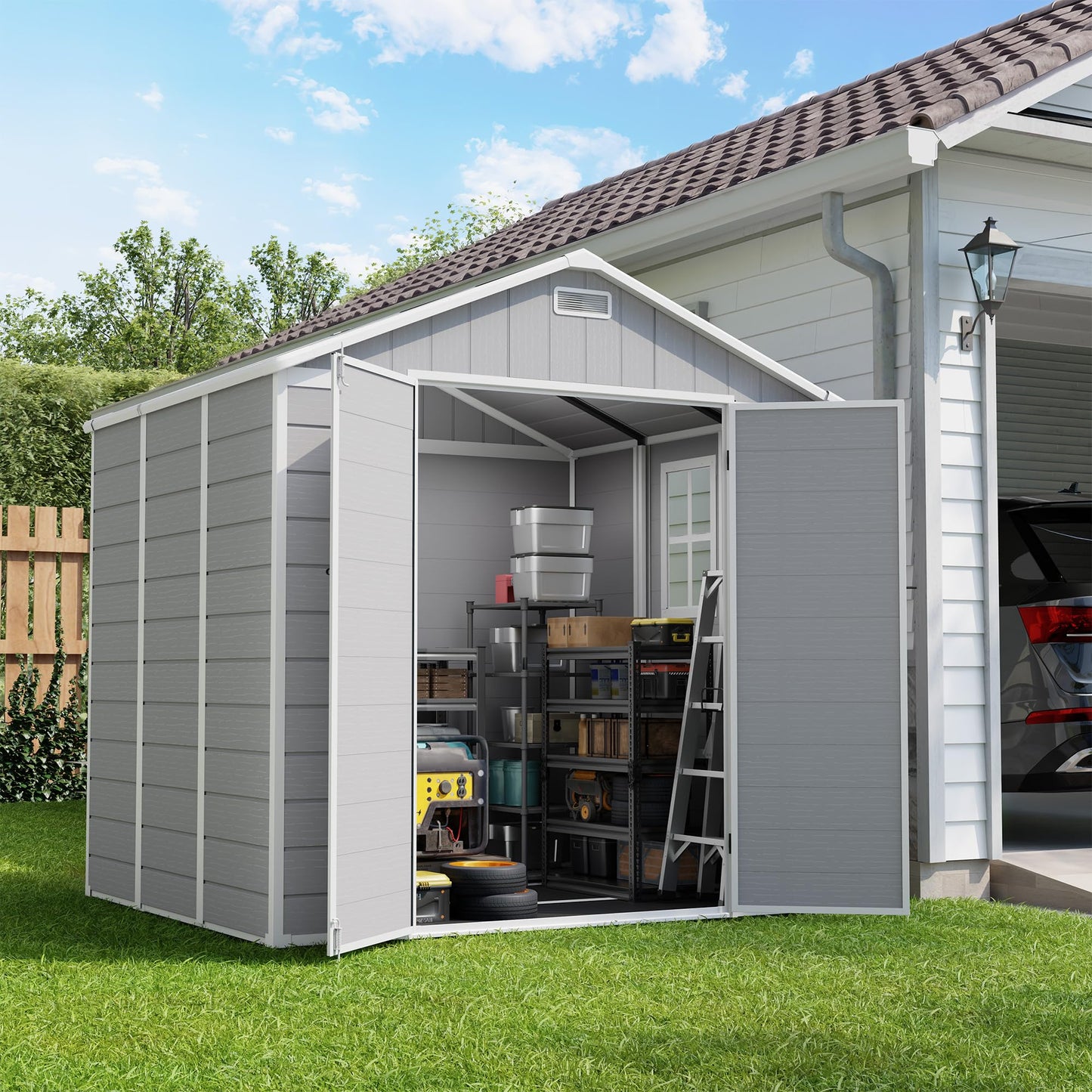 Amopatio 8x6 FT Storage Shed, Resin Outdoor Shed with Floor Included, Plastic Sheds for Bike, Garden Tools, Sheds & Outdoor Storage with Lockable Door, Window & Vents, Grey & White