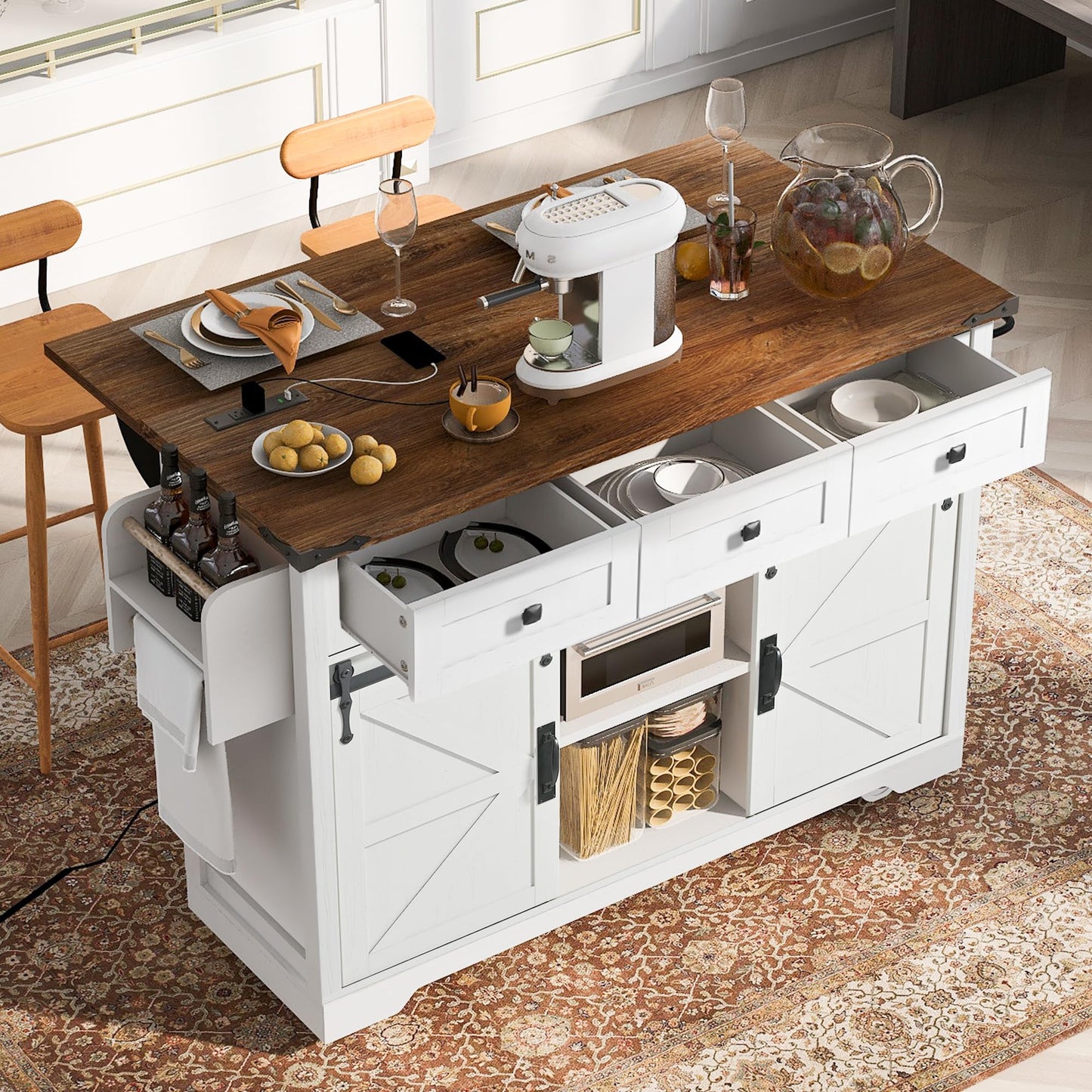 Merax 53.7" Kitchen Cart Island on Wheels with Power Outlet,Drop Leaf and 2 Sliding Barn Door,Farmhouse Style Storage Cabinet for Dining Room
