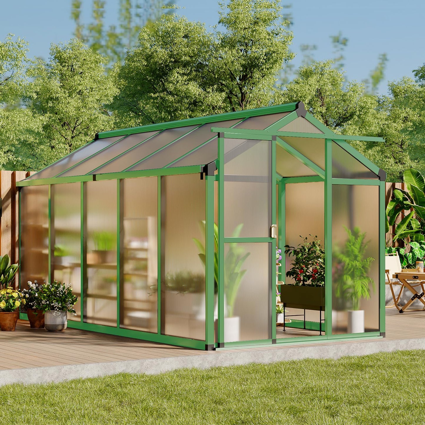 Greenhouse, 6x10 Ft Outdoor Greenhouses, Accessible Green House with Roof Vents and Sliding Doors, Aluminum Frame Polycarbonate Greenhouses, Large Greenhouse for Outdoor Gardens and Backyards, Green