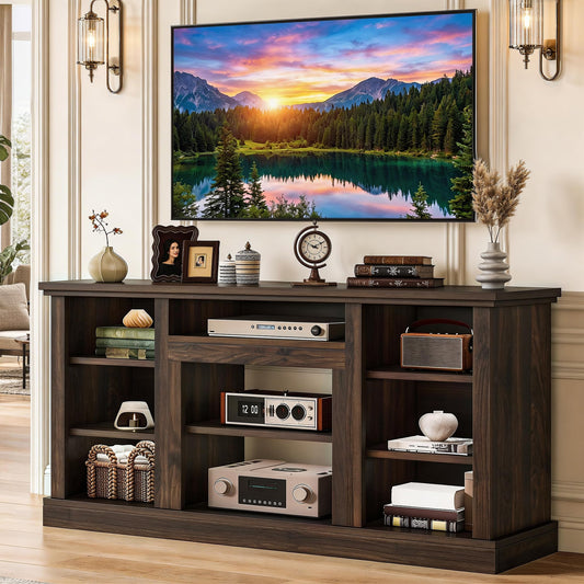 YITAHOME Farmhouse TV Stand for 75/80 Inch TVs, Entertainment Center with Adjustable Shelf & Open Storage, TV Console Table with Cord Management for Living Room, Bedroom (Walnut)