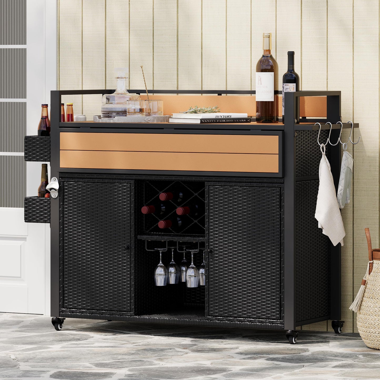 Merax 52.8"W Wicker Outdoor Grill Cart with Extended Plastic Wood Table Top, Rolling Kitchen Island on Wheels with Storage Cabinet for Patio Backyard Garden Poolside, Double Handle Design, Black Brown