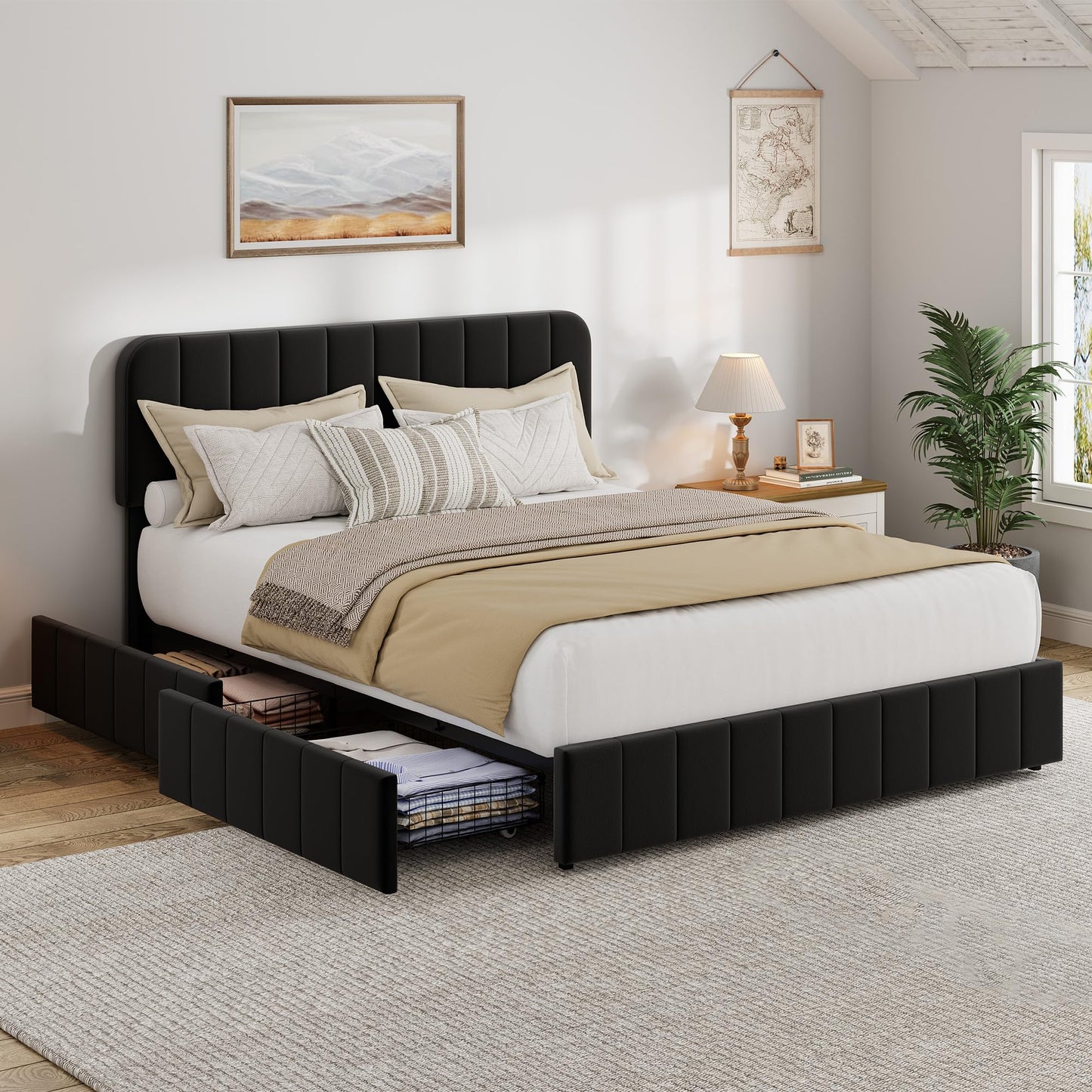 GAOMON Queen Bed Frame with Storage Drawers - Velvet Upholstered Platform Bed Frame with Adjustable Headboard, Wood Slats Support, No Box Spring Needed, Easy Assembly, Black