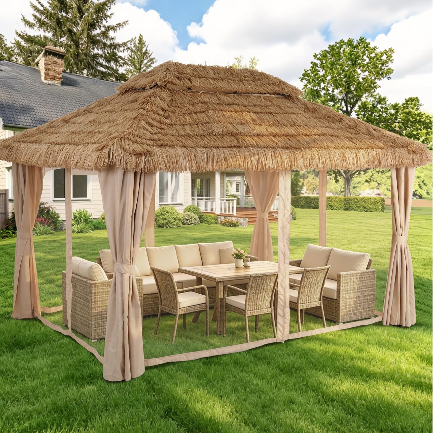 Saemoza 10 x 13 ft Thatched Gazebo Canopy, Double-Layer Ventilated Roof, Mesh Netting and Curtain Sidewalls, UV-Resistant, for Garden, Porch, Poolside, Khaki