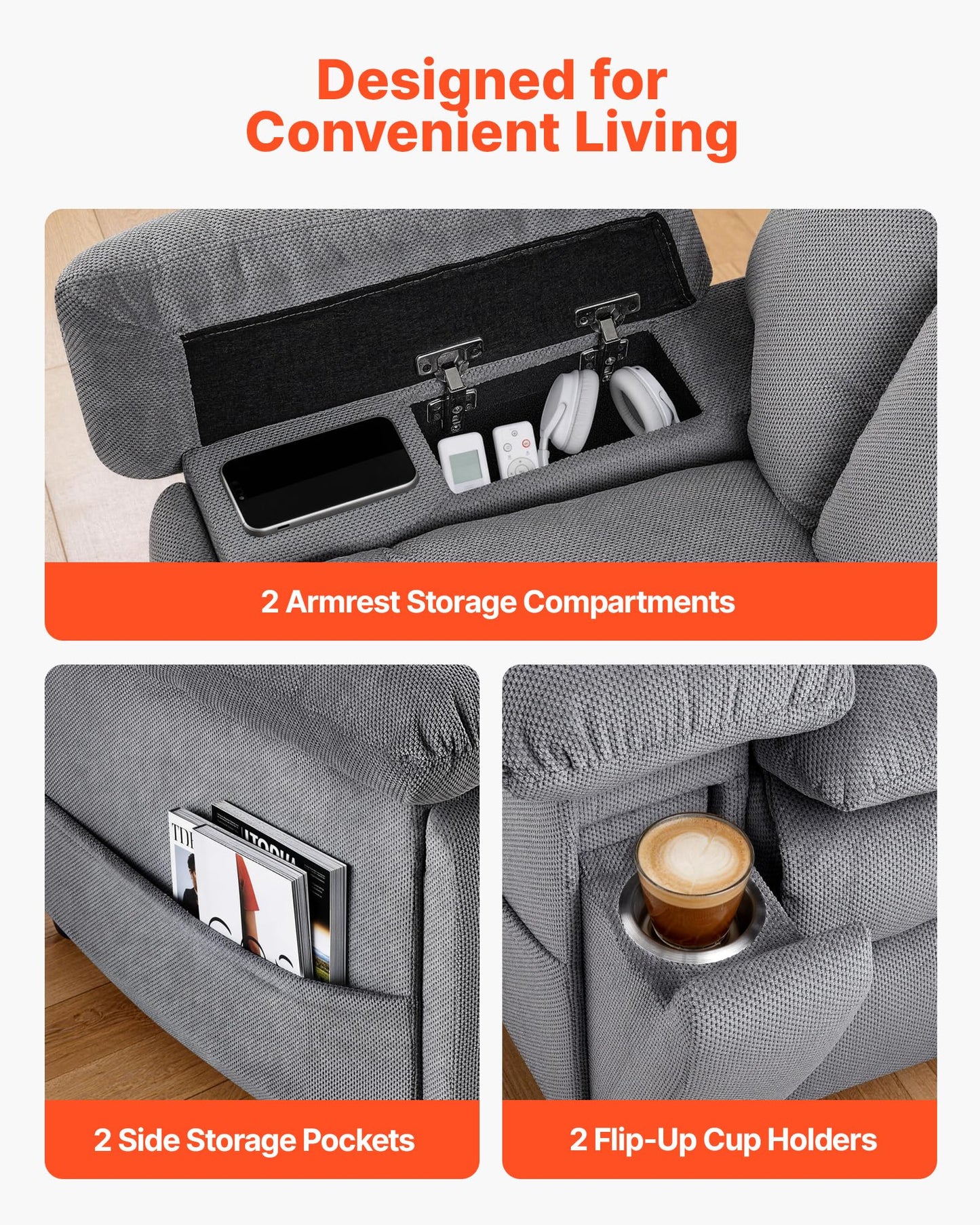 VEVOR Oversized Power Lift Recliner Chairs, Dual Motor Lift Chair with Heat and Massage for Elderly, Position Adjustable, with Side Pockets, Cup Holders and USB Port, Chenille Fabric, Light Gray