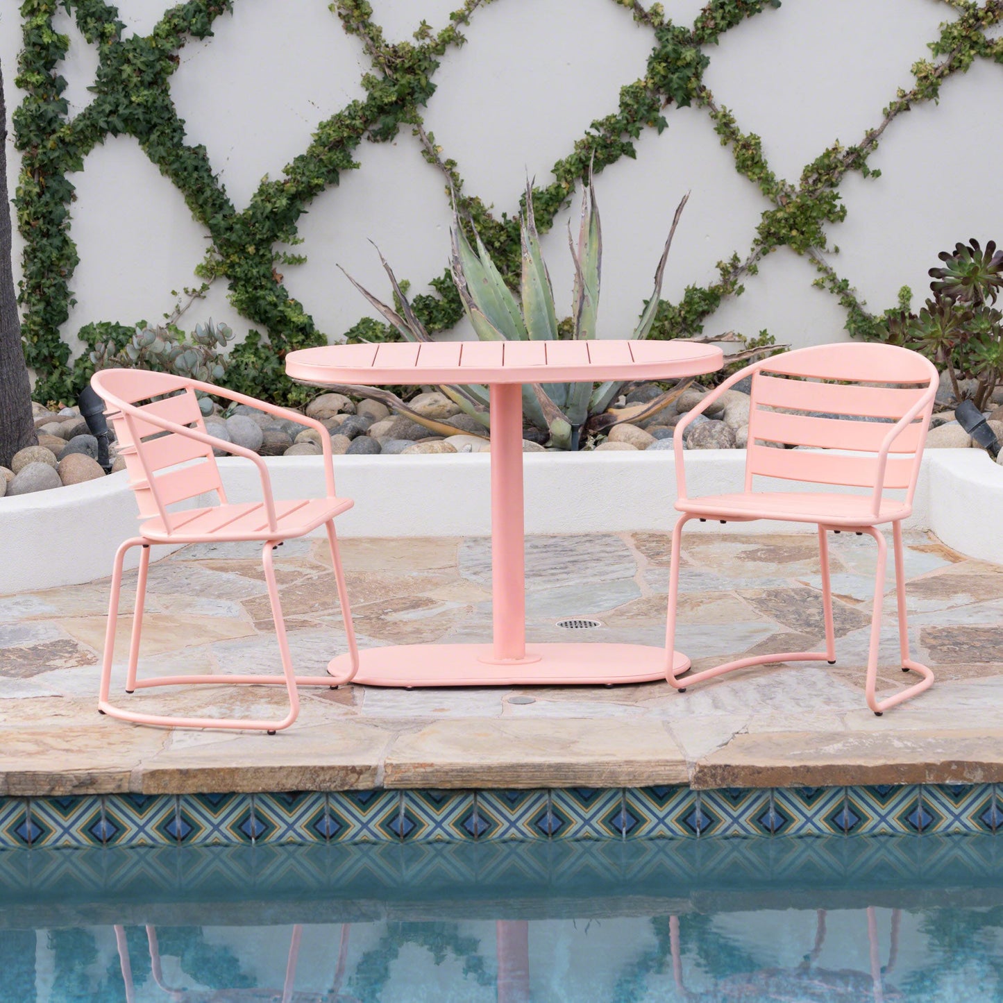 Christopher Knight Home Adley Outdoor Bistro Set, 3-Piece Bistro Table and Chair Set of 2, Patio Furniture Set with Iron Frame, Bistro Dining for Poolside Garden Cafeteria, Matte Coral
