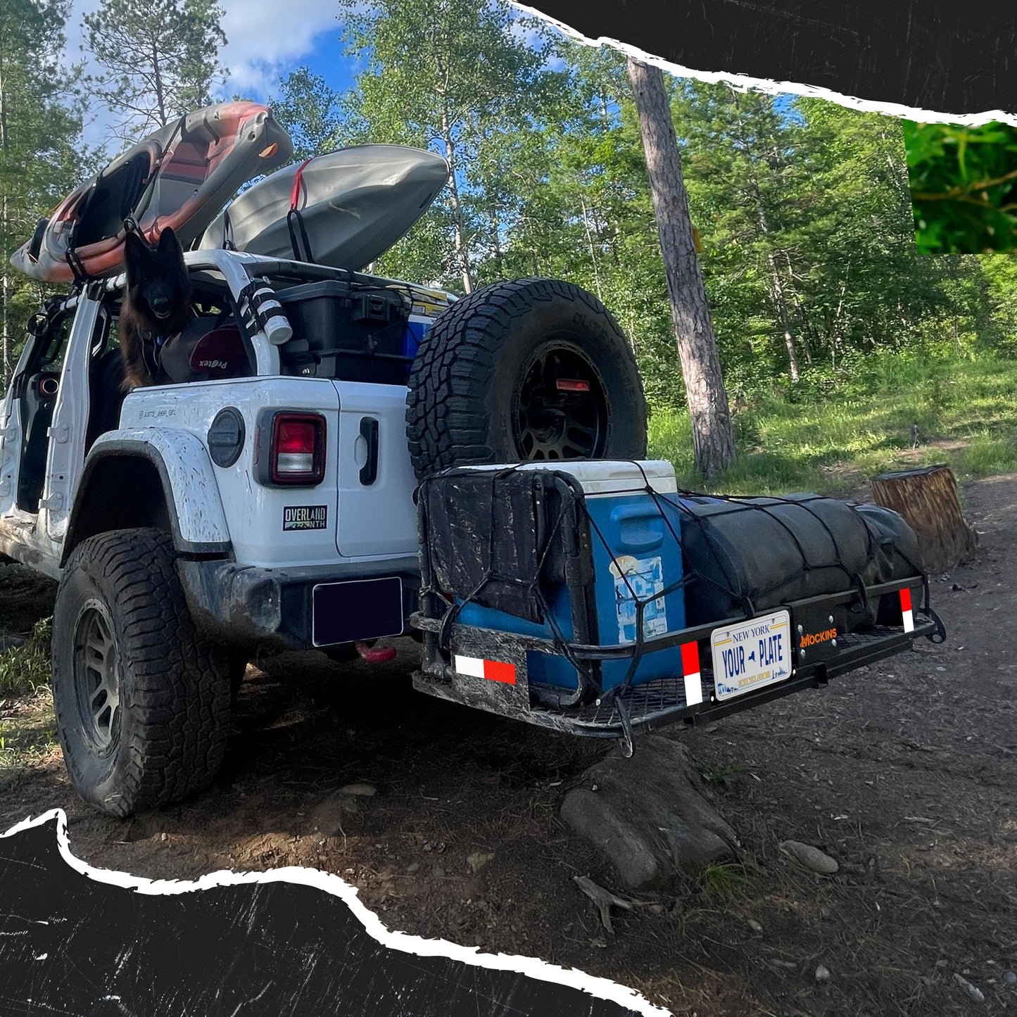 Mockins 60"x20"x6" Folding Luggage Rack for Car Hitch & 20 Cu Ft Waterproof Cargo Bag | 500 lbs Cap Steel Trailer Hitch Cargo Carrier for 2" Receivers w/License Plate Holder, Stabilizer, Net & Straps