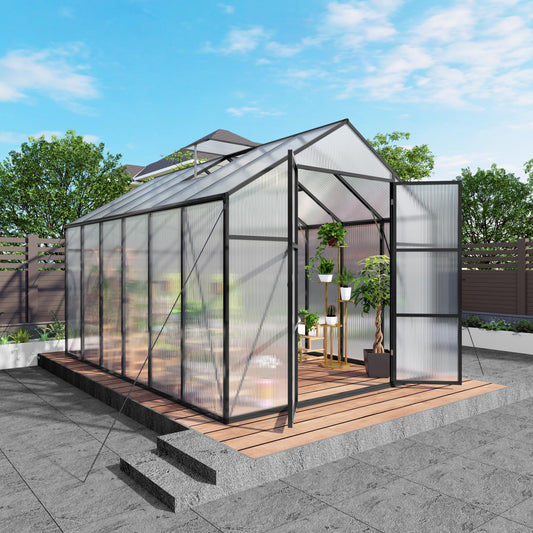 YOPTO 8x12T Greenhouse,Outdoor Polycarbonate Greenhouse with Roof Vent & Drainage System,Heavy Duty Aluminum Walk-in Green Houses for Outside Garden Backyard,Easy Assembly,Black