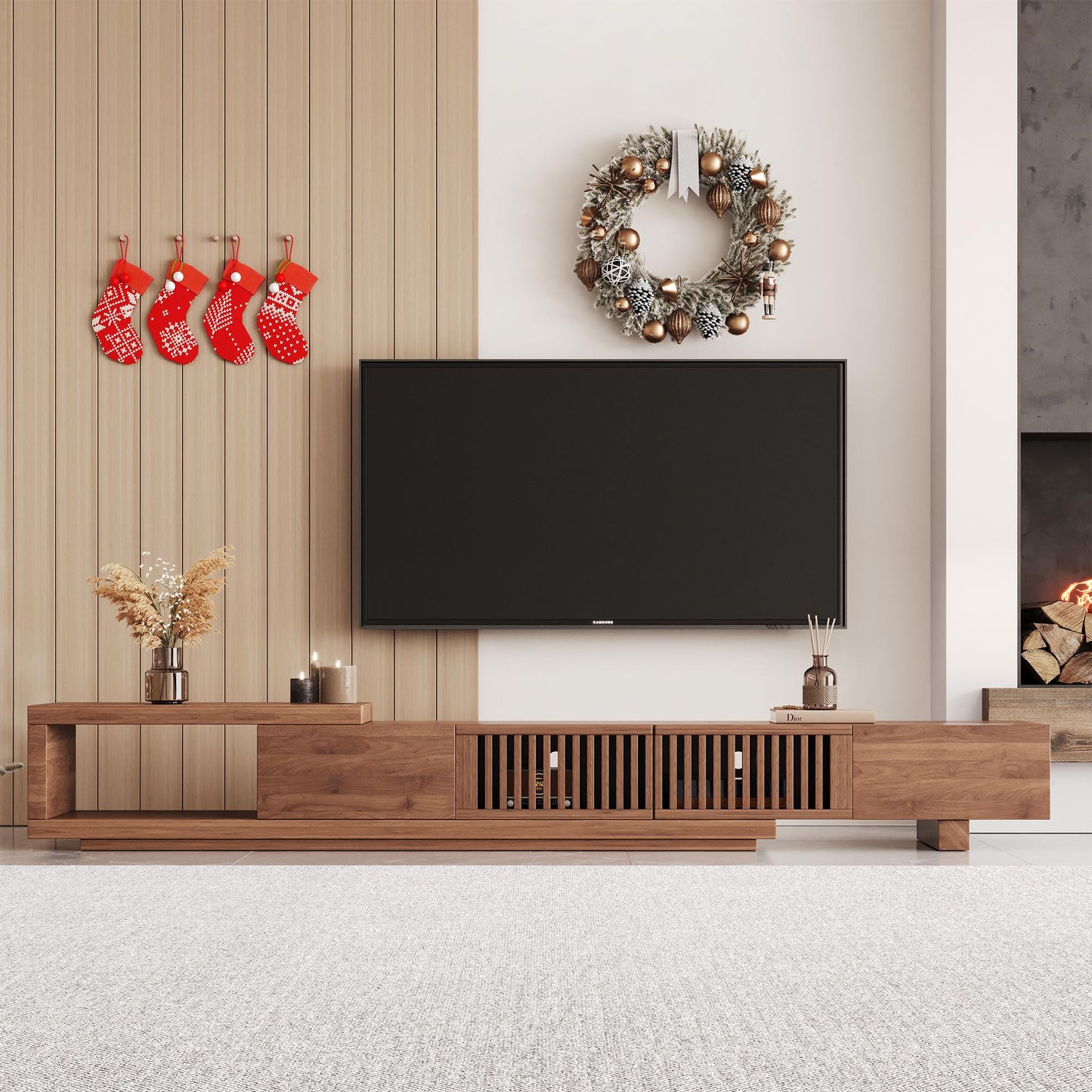 NessCarsti Mid Century Modern TV Stand for 75+ Inch TVs, Extendable Media Console (78"-103") with Ample Storage - Sleek Walnut Entertainment Center for Living Room