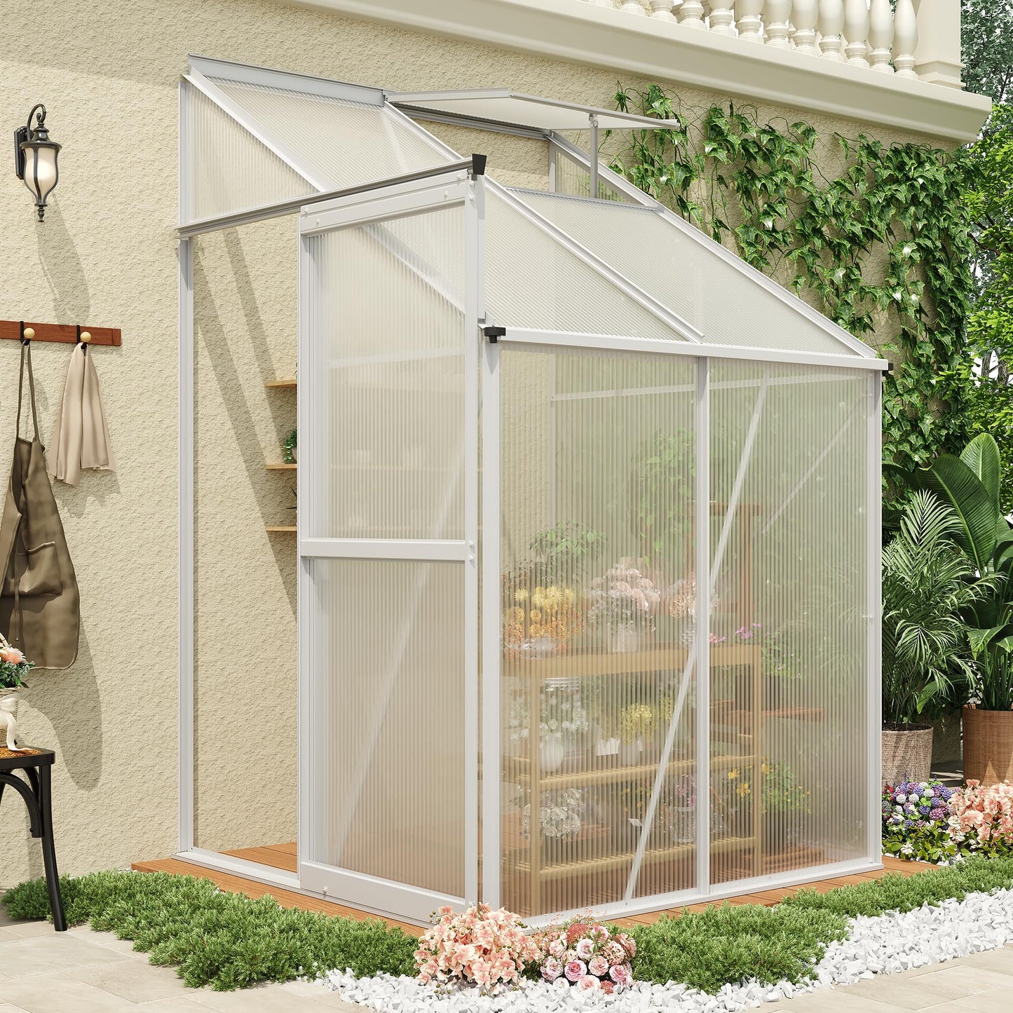 4x4 ft Lean-to Walk-in Polycarbonate Greenhouse,Greenhouse Kit,Lean-to Greenhouse for Outdoors,Portable Wall-Mounted Outdoor Green House with Sliding Door,Adjustable Roof Vent & Rain Gutter