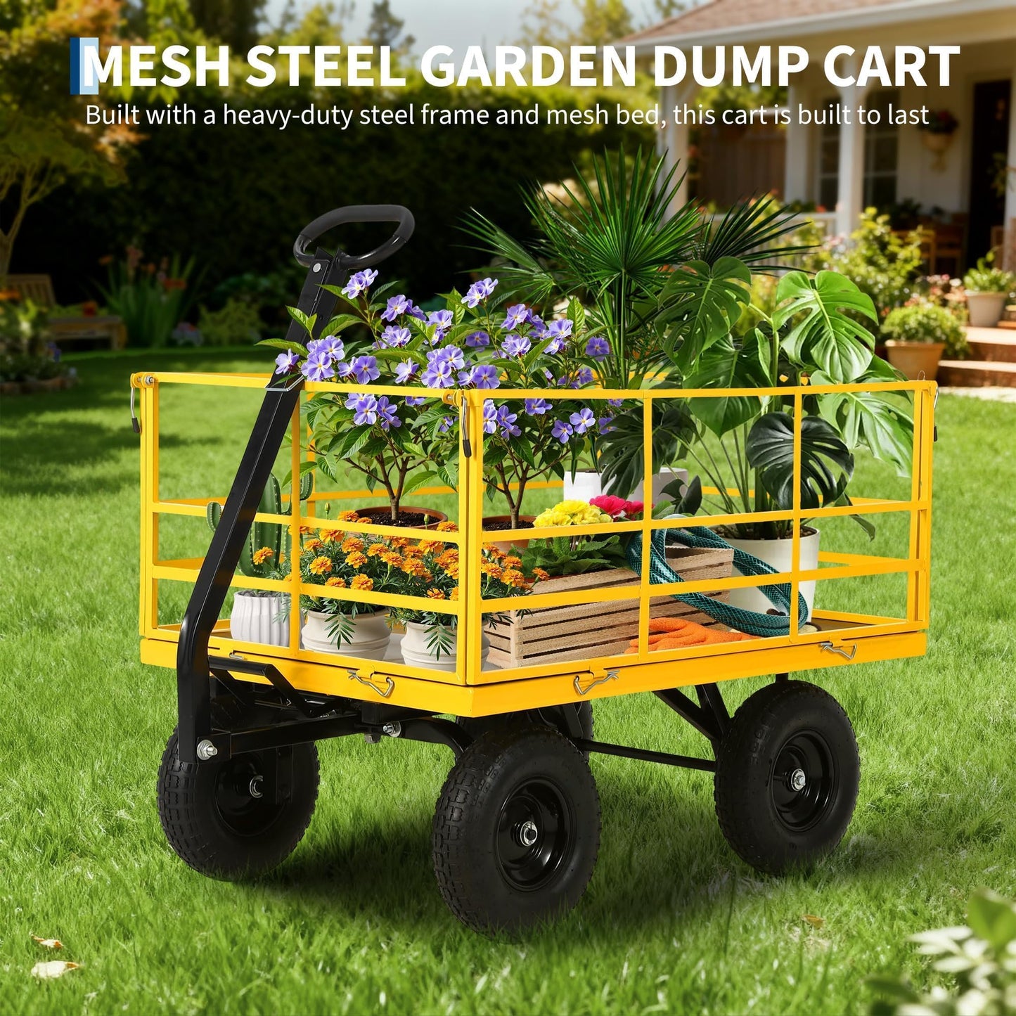 1500 LB Garden Wagon Cart with 13 in All Terrain Tires, 3-in-1 Yard Wagon Cart with Removable Side Panels, Heavy Duty Outdoor Metal Utility Wagon Yard Trailer for Outdoor Lawn, Yard, Backyard