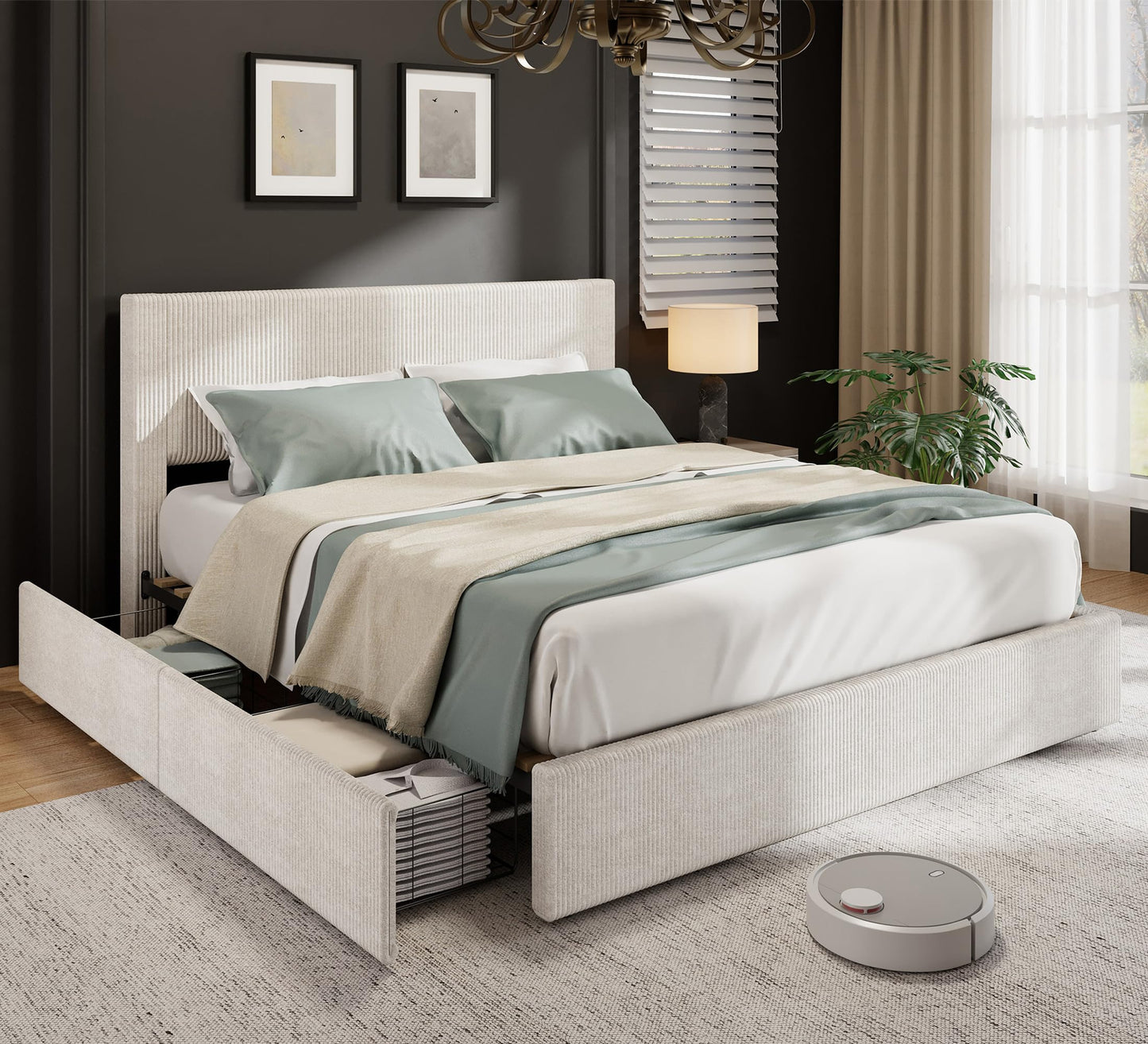 GarveeHome Bed Frame, King Size Platform Bed with 4 Storage Drawers, Upholstered Corduroy Channel Tufted Headboard Bed Frame with Strong Wooden Slat Support, No Box Spring Needed, Beige