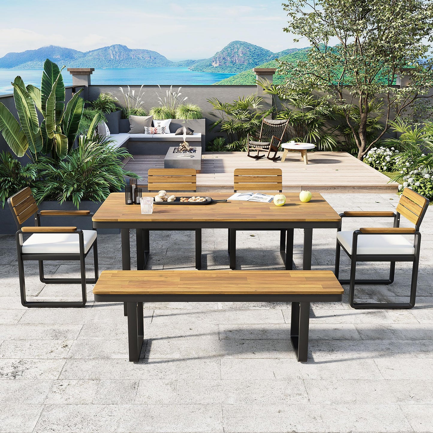 Merax Outdoor Farmhouse Acacia Wood Dining Set of 6, Patio 68 Inch Large Kitchen Table,4 Chairs with Cushions & 1 Bench for 6-7 Person, Patio Dining Furniture Set for Deck, Yard, Porch,Beige