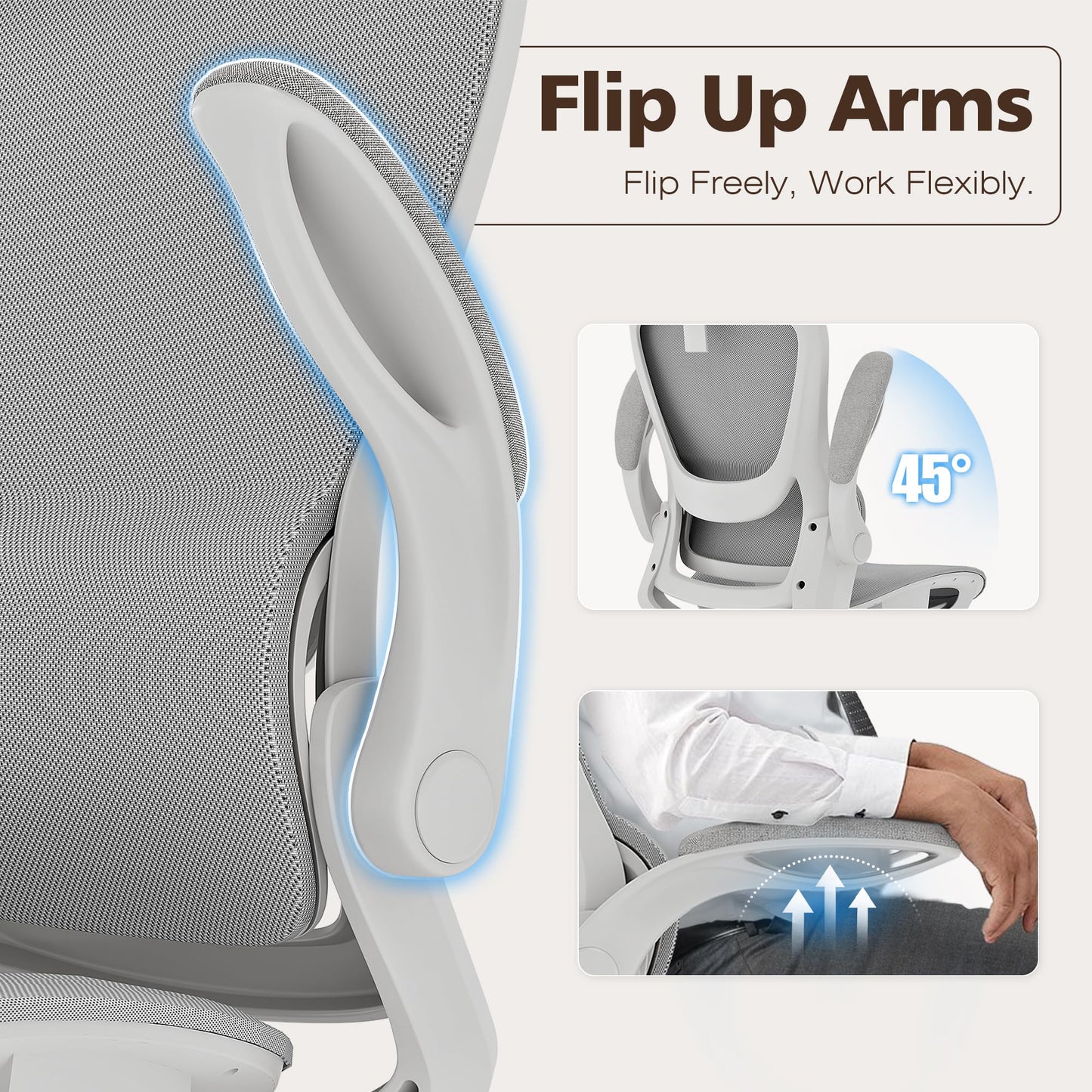 GABRYLLY Ergonomic Mesh Office Chair- White Desk Chair, Flip-Up Armrest, Adjustable Headrest, Tilting with Soft Seat and PU Wheel, Elite Home Desk Chair for Work, Study, Gaming (GY1108)