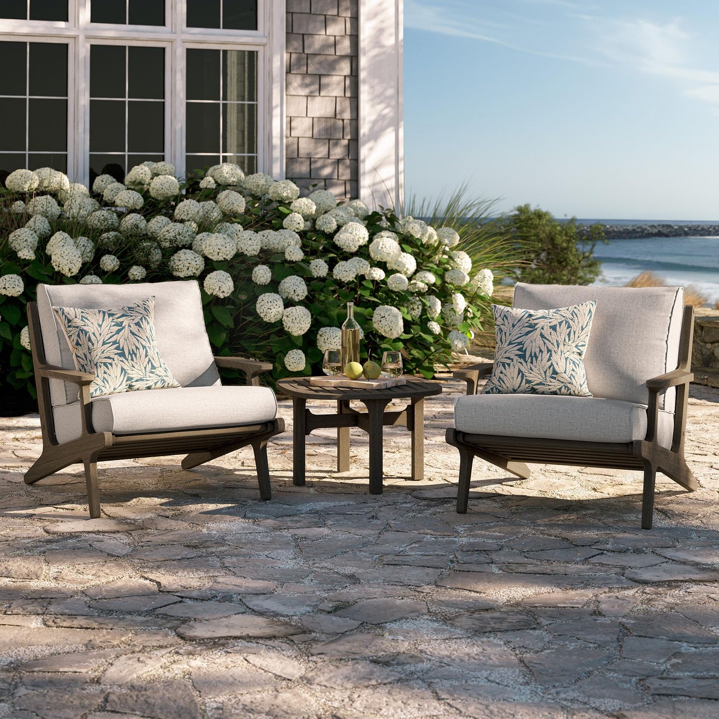 Modway Saratoga 3-Piece Teak Wood Outdoor Furniture Set in Weathered Gray Pebble - 2 Patio Lounge Chairs with Side Table
