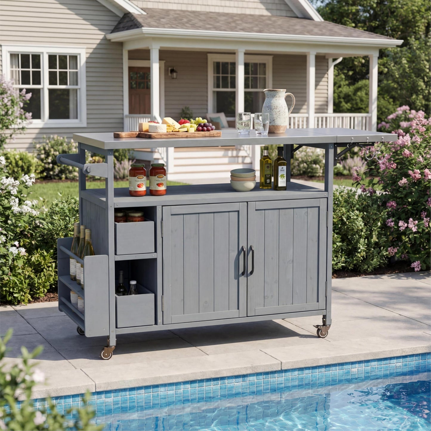Christopher Knight Home Edsel Outdoor Bar Cart with Stainless Steel Top and Lockable Wheels, Solid Wood Outdoor Storage Cabinet, Kitchen Island Serving Cart for Poolside, Garden, Blue Gray