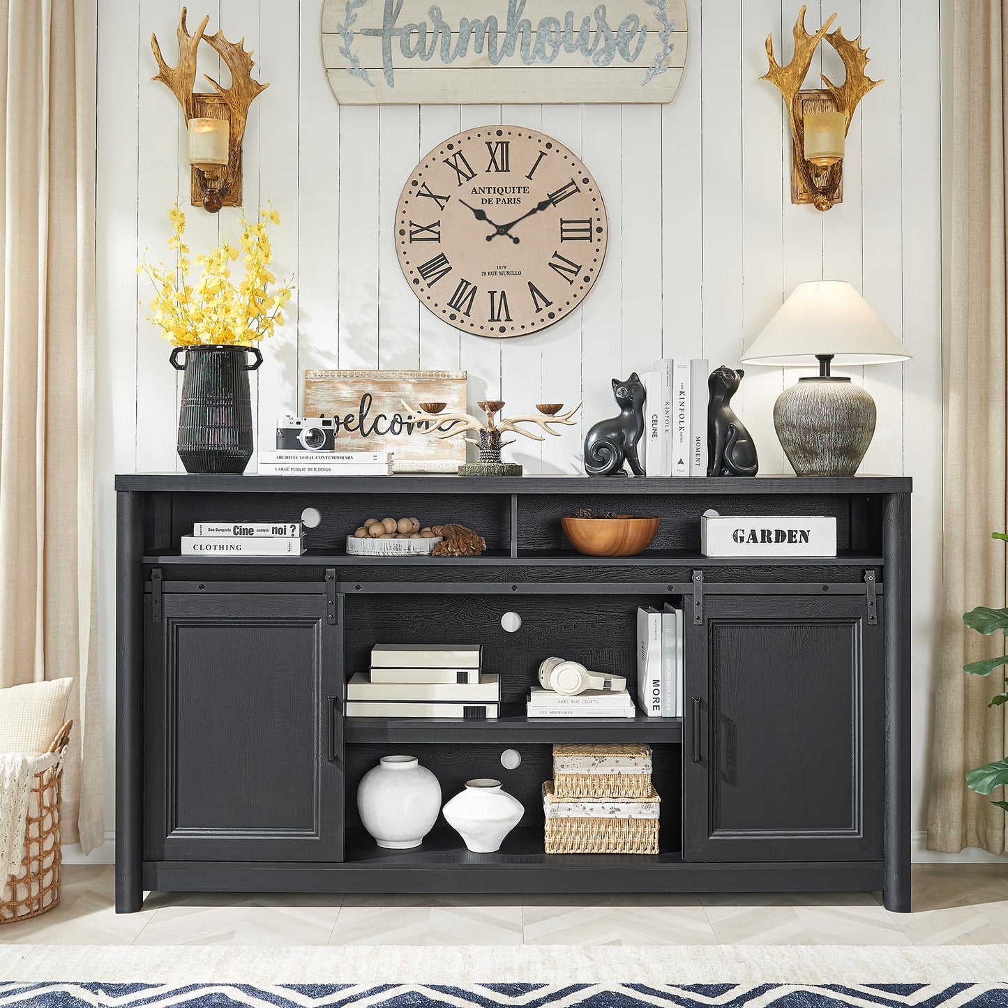 Farmhouse TV Stand for Living Room, Large Black Entertainment Center with Storage, TV Console for Bedroom, TV Stand with Sliding Barn Door Television Stands for 80 Inch TV, 38 Inch Tall Media Cabinet