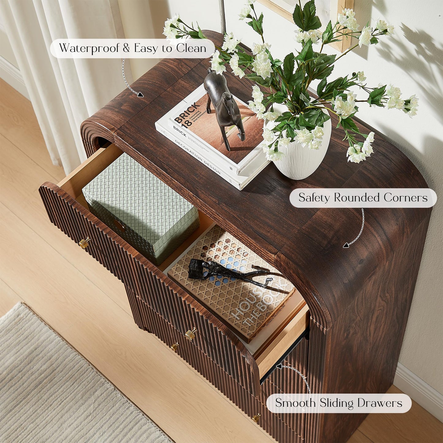 T4TREAM Fluted 5 Drawers Dresser, 48" Tall Modern Chest of Drawers with Thickened Curved Profile Design, Wood Closet Clothes Storage Organizer for Bedroom, Living Room, Hallway, Dark Walnut