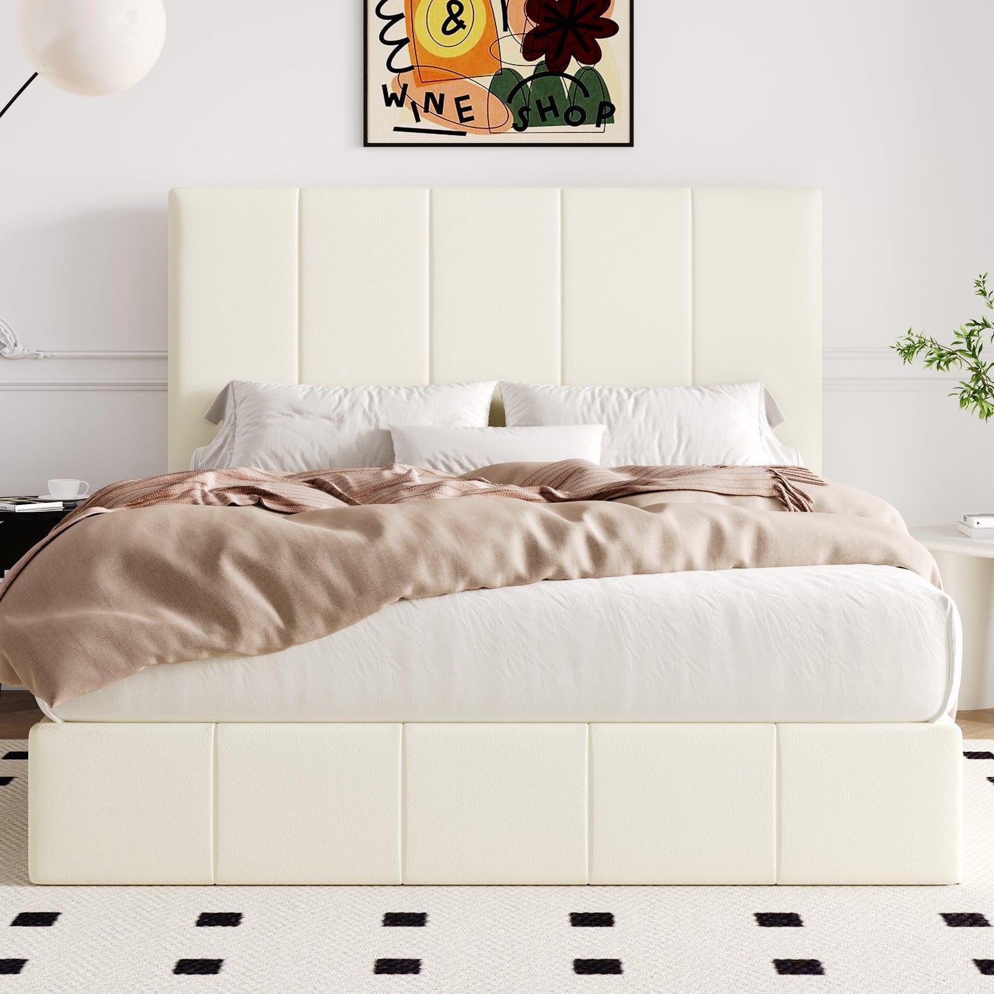 Allewie Full Size Velvet Lift Up Storage Bed Frame, Vertical Channel Tufted Headboard, Hydrualic Underneath Storage, Upholstered Platform Bed, Wooden Slats Support, No Box Spring Needed, Cream