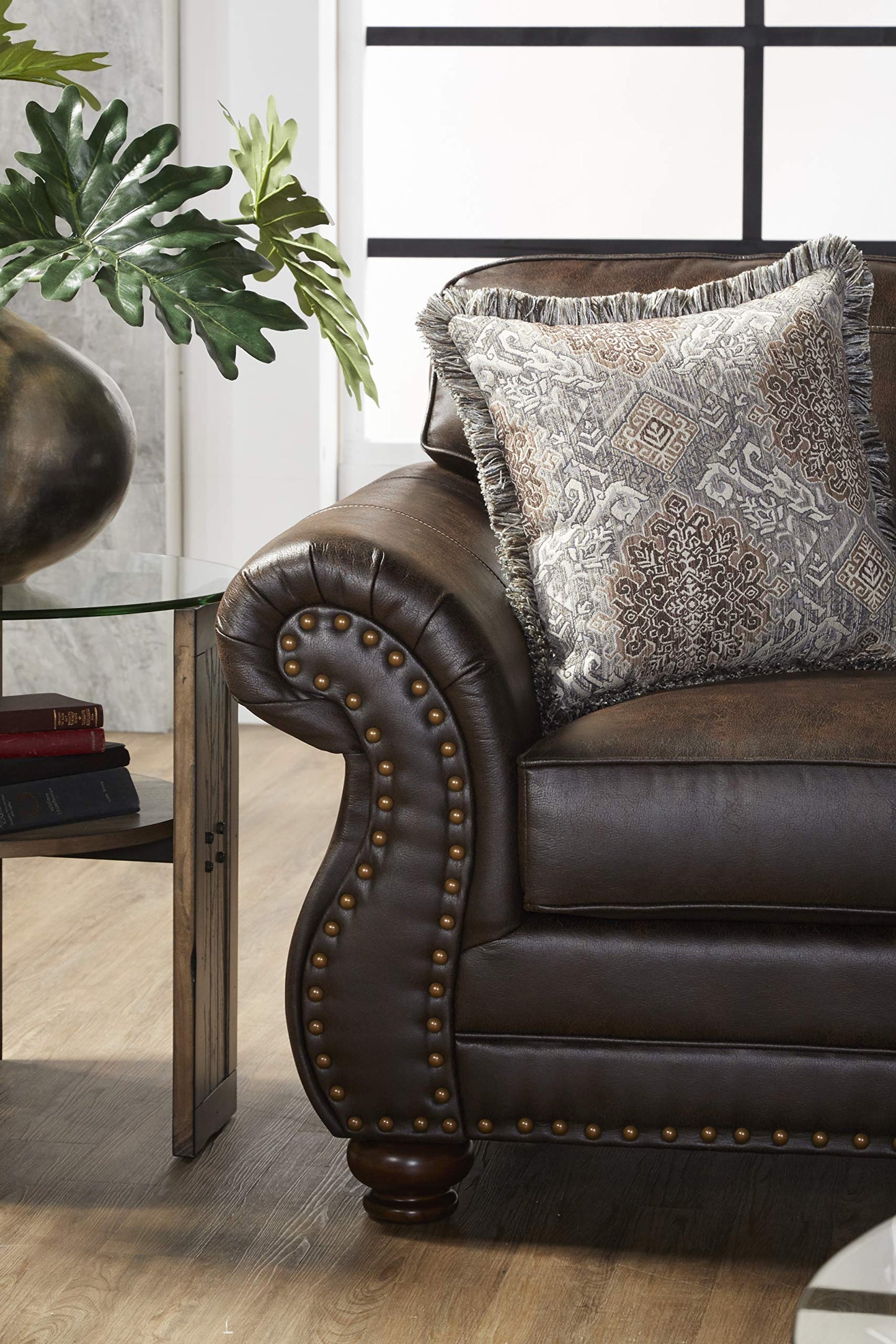 Leinster Faux Leather Sofa with Antique Bronze Nailheads in Espresso