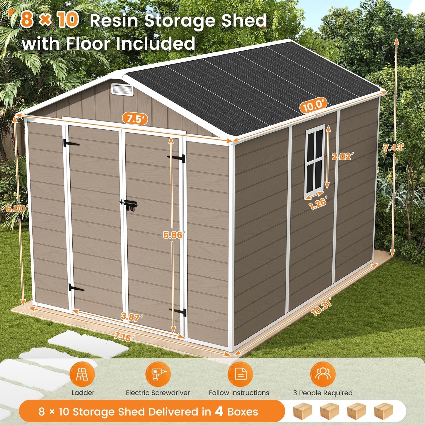 UDPATIO Outdoor Resin Storage Shed 8 x 10 FT, Plastic Storage Shed with Floor Large Outdoors Garden Tool Storage Shed Outside Clearance Shed with Lockable Door for Bike, Backyard, Patio, Brown