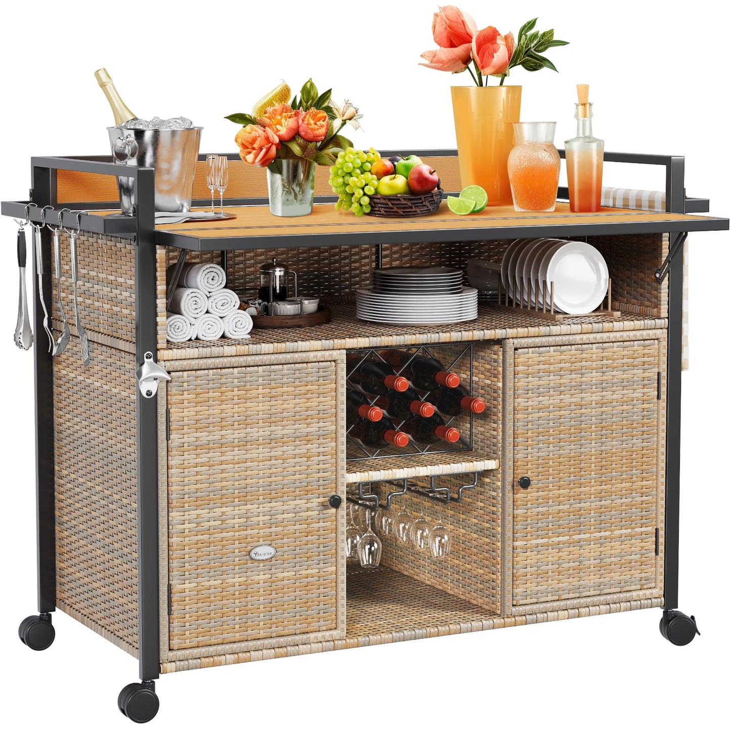 YITAHOME XL Outdoor Kitchen Wicker Island Rolling Cart Bar Table & Storage Cabinet, Wheels and Plastic Wood Extended Table Top, Double Handle for Patio Kitchen or Bar Cart,Light Yellow Gradient