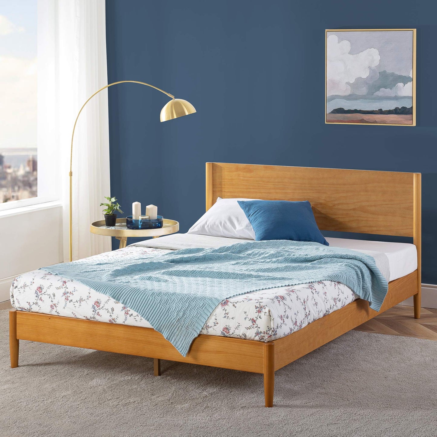Zinus Allen Mid Century Wood Platform Bed Frame, Solid Wood Foundation, Wood Slat Support, No Box Spring Needed, Easy Assembly, Queen