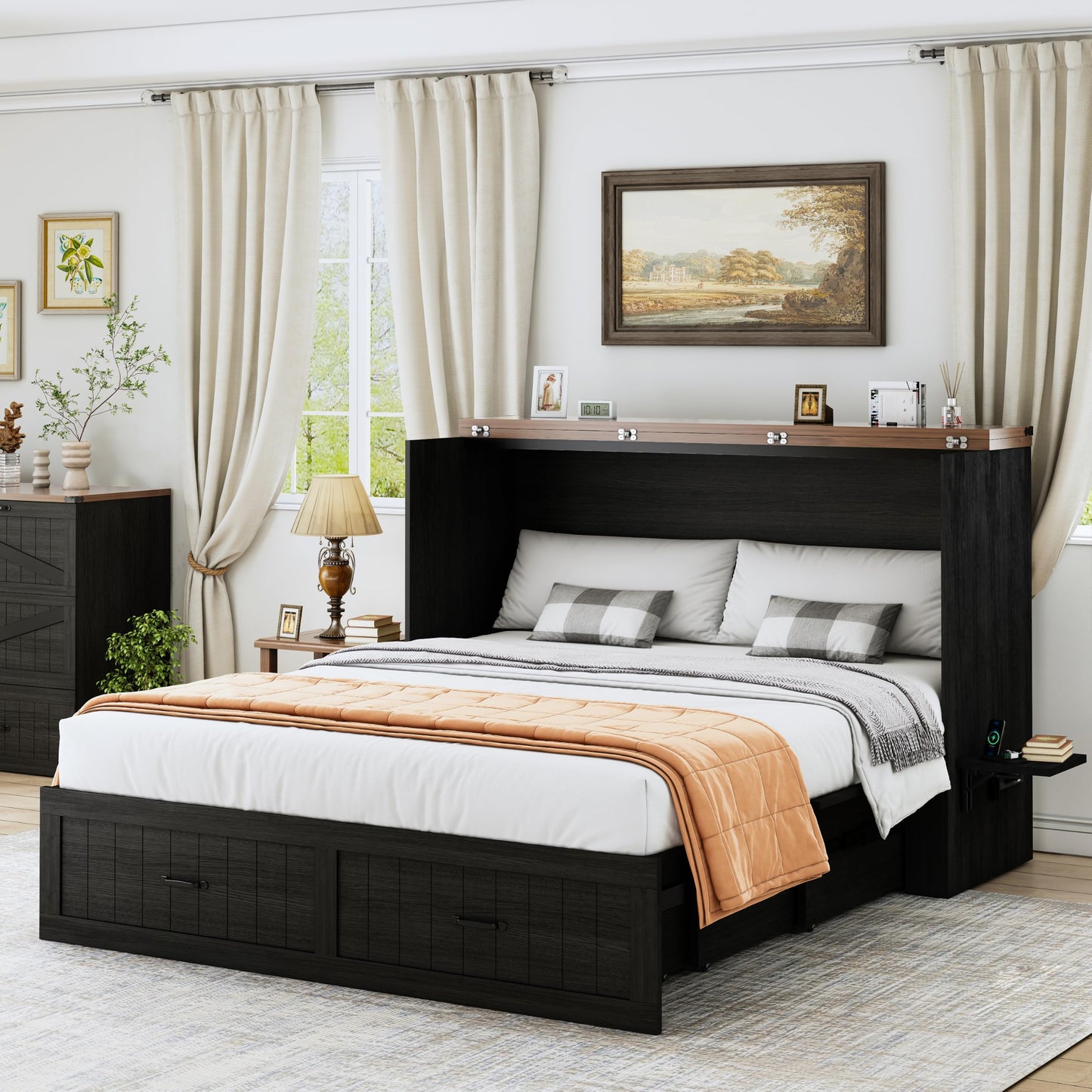 Bvldfamly Full Murphy Bed with Charging Station, Farmhouse Noisy-Free Foldable Cabinet Bed Frame with Storage Drawer, Space Saving Hideaway Wall Bed for Guest Bedroom, Living Room, Office, Black