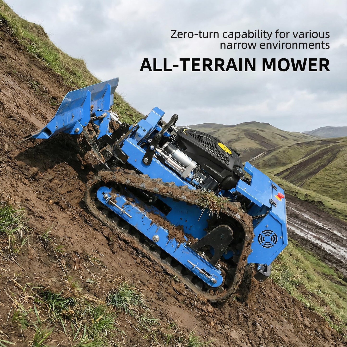Infront Remote Control Lawn Mower with Snow Plow, Crawler Track All-Terrain System, Hybrid Oil-Electric Power for Steep Slopes and Large Lawns, Adjustable Cutting Height