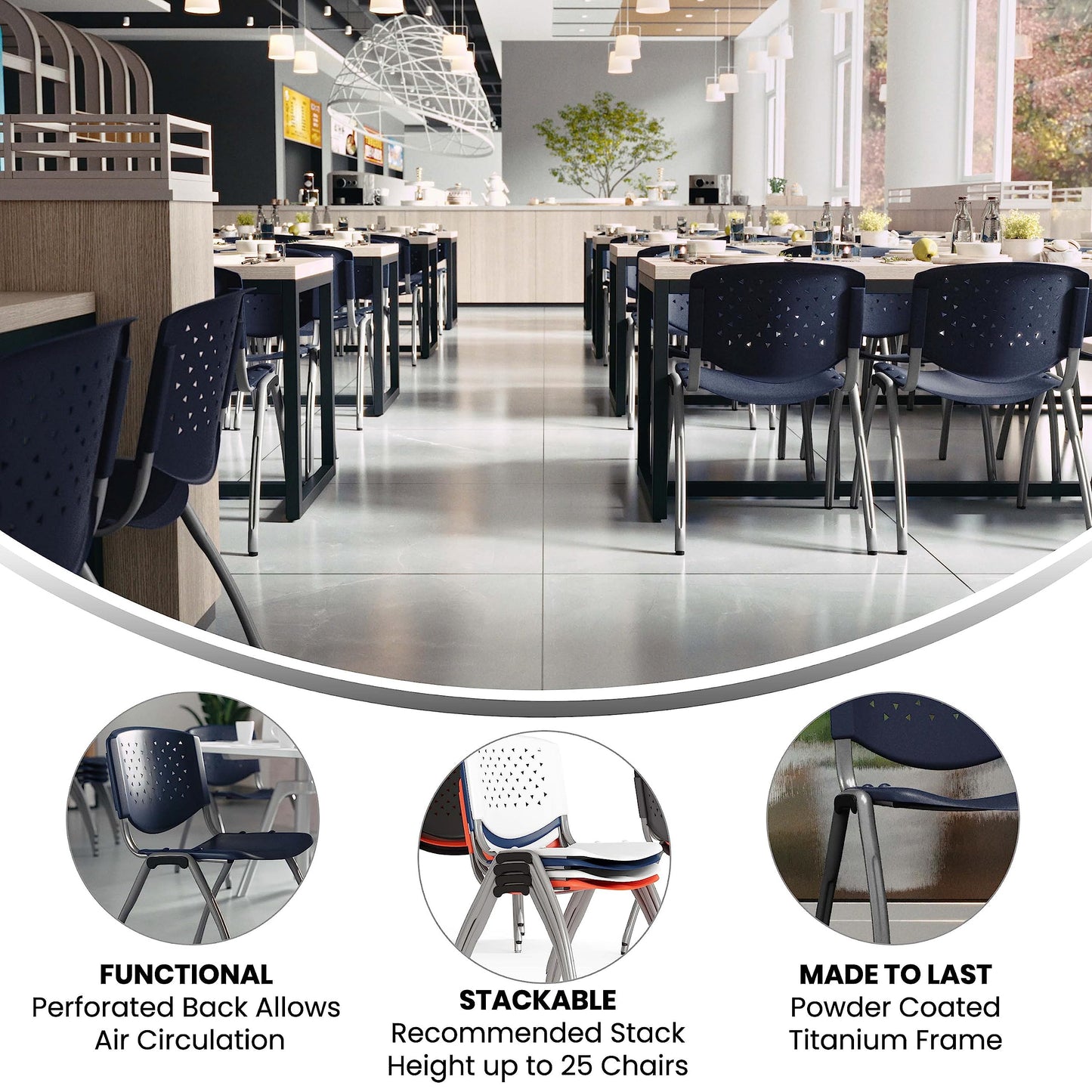 Flash Furniture Hercules Series Plastic Contoured Lobby Chairs with Perforated Backs, Ergonomic Stacking Chairs for Offices, Set of 5, Navy