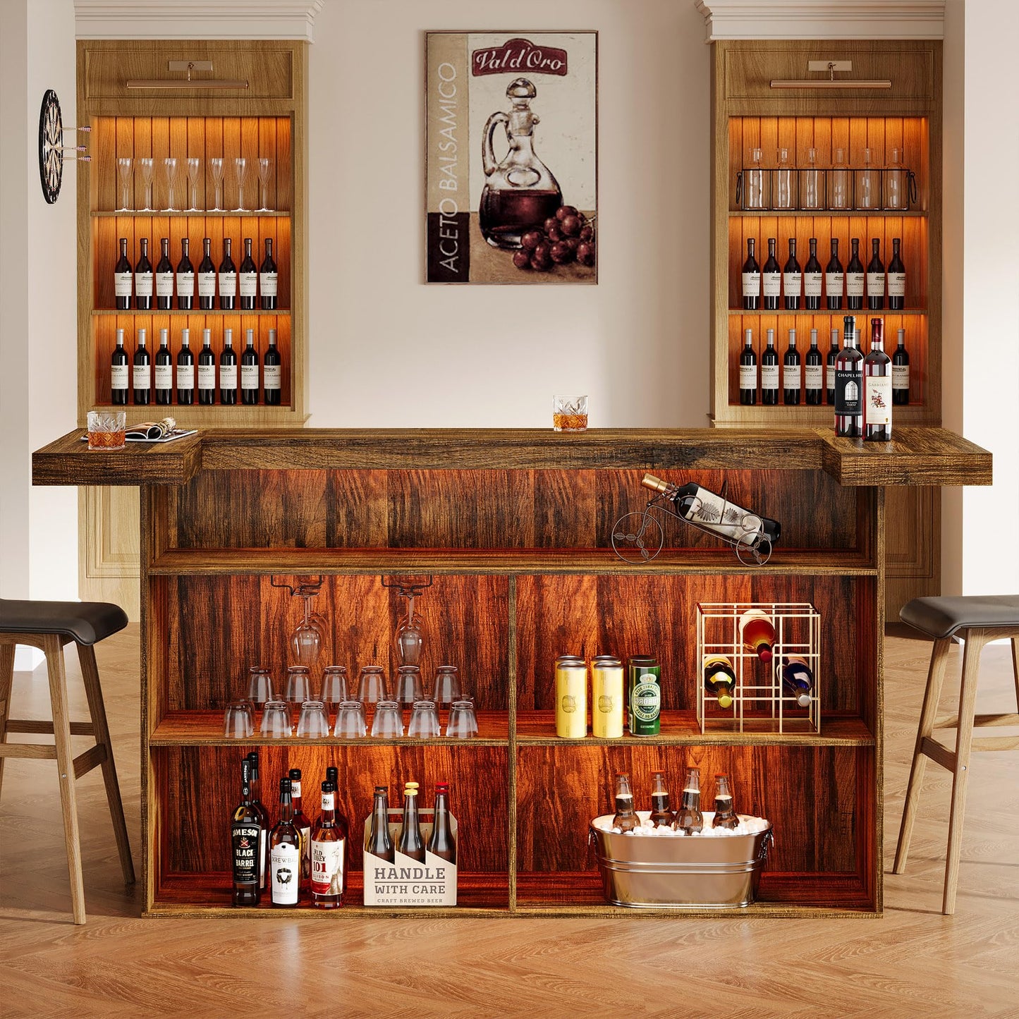 Tribesigns 4-Tier Bar Table, 70.9-Inch Large Wood Home Bar Unit with Wine Glass Holder and Black Footrest, Pub Table with Storage Shelves for Kitchen, Indoor, Brown