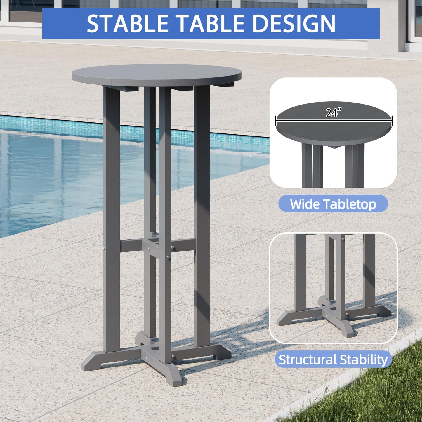 Shintenchi 3 Pieces Outdoor High Top Bar Set, 1 Patio High Top Round Table and 2 Bar Height Tall Adirondack Chair, All-Weather Outdoor Bistro Bar Set for Balcony Pool Deck, Dark Grey